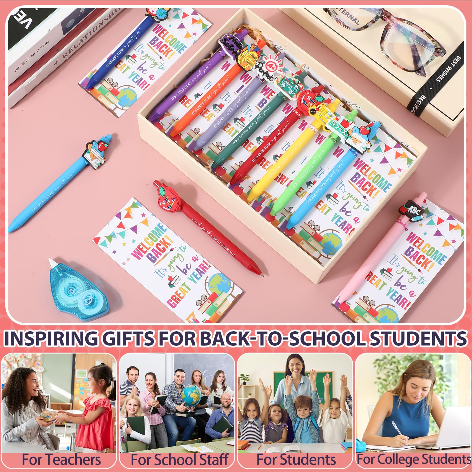 MotiMind 100 Sets Schulanfangsgeschenke, Großpackung zum Schulanfang, Schreibwaren, Geschenke enthalten niedliche Kugelschreiber, inspirierende Grußkarten für Lehrer, Studenten, Klassenzimmer