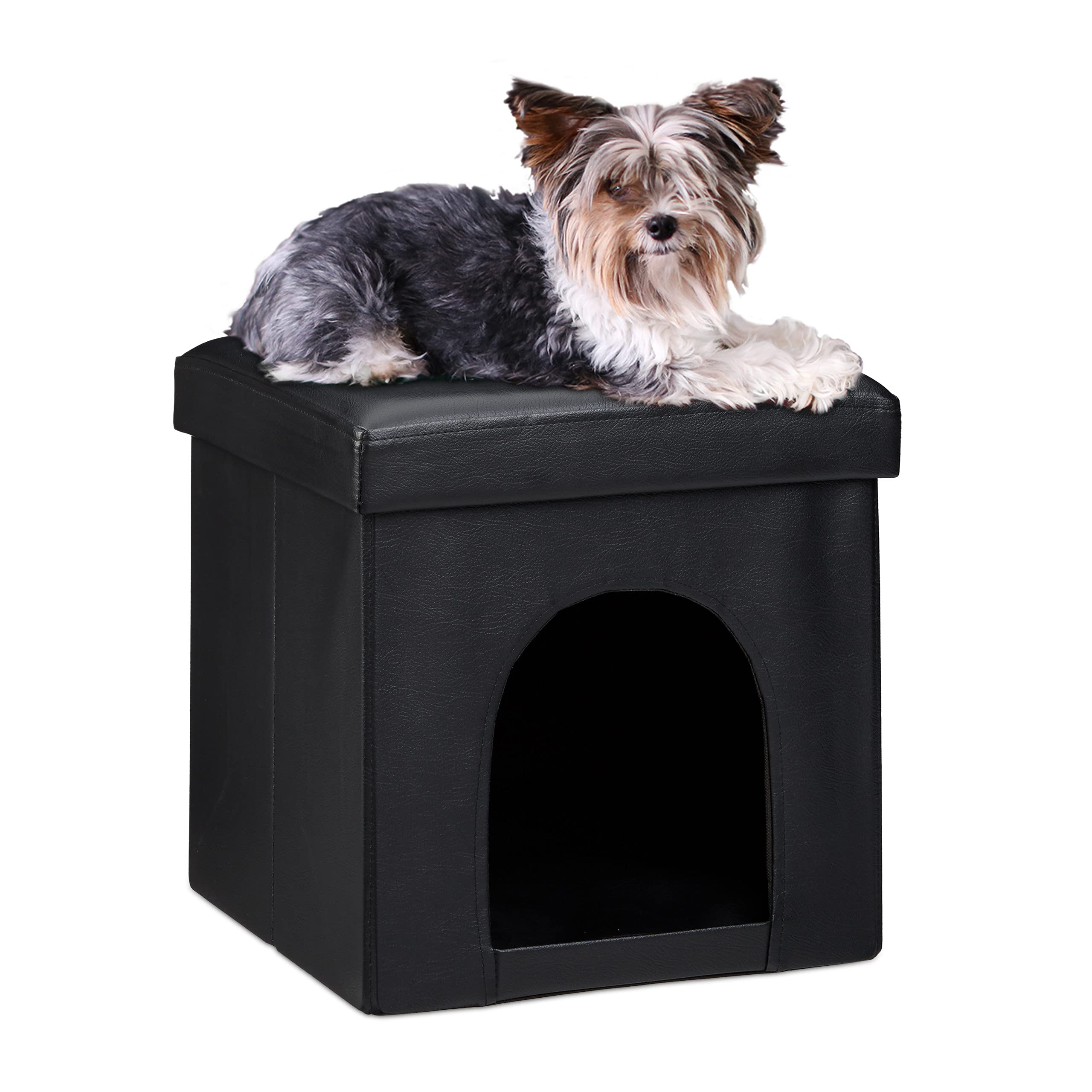 Relaxdays Set de 2 artículos para Mascotas, Comedero Doble XL, Altura Ajustable, Perros-Gatos, Taburete con casa para Perro, Negro