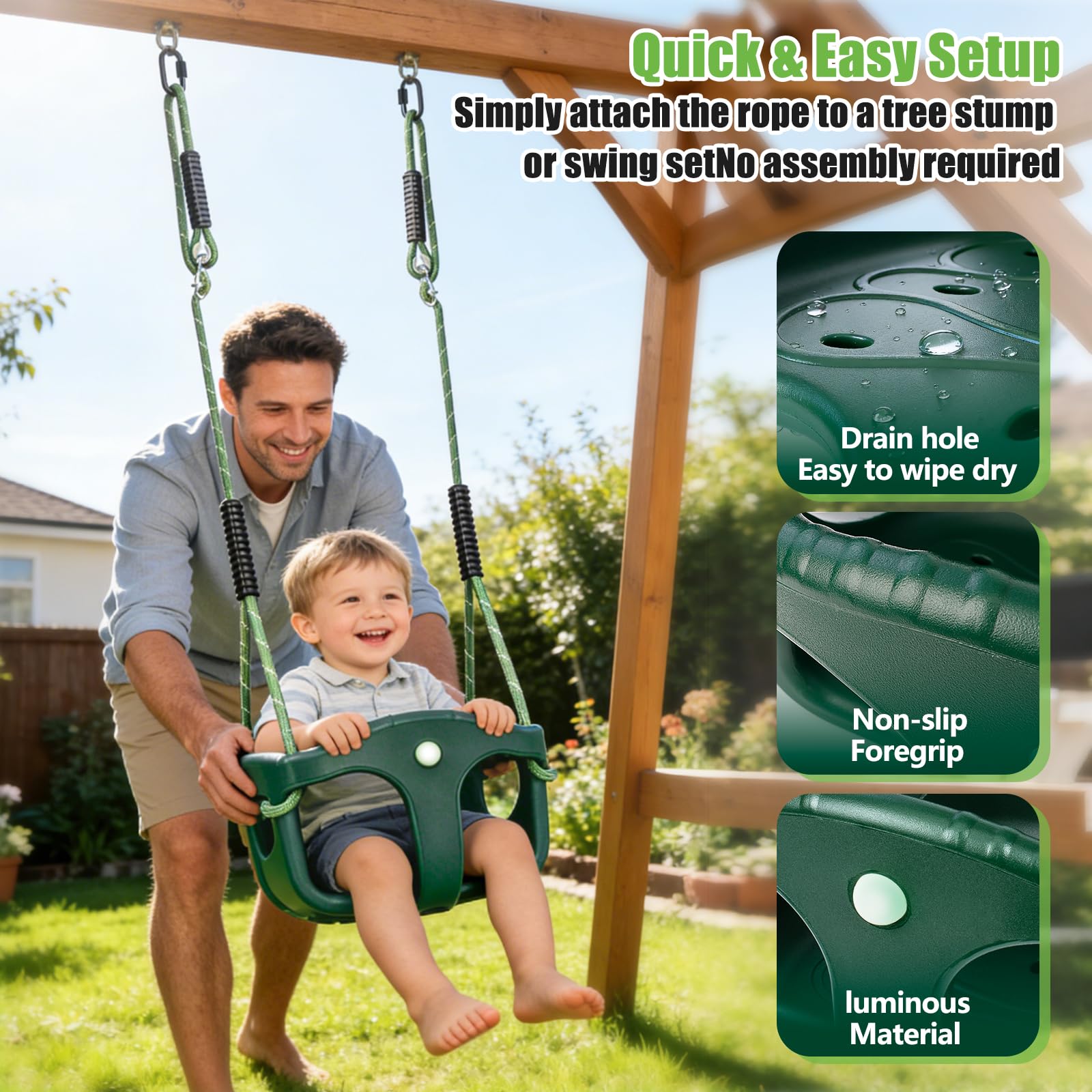 Altalena per bambini, per esterni, con schienale alto, in plastica, con corda regolabile da 1,3-2 m e 2 moschettoni, per bambini, altalena da giardino, verde, 90 kg