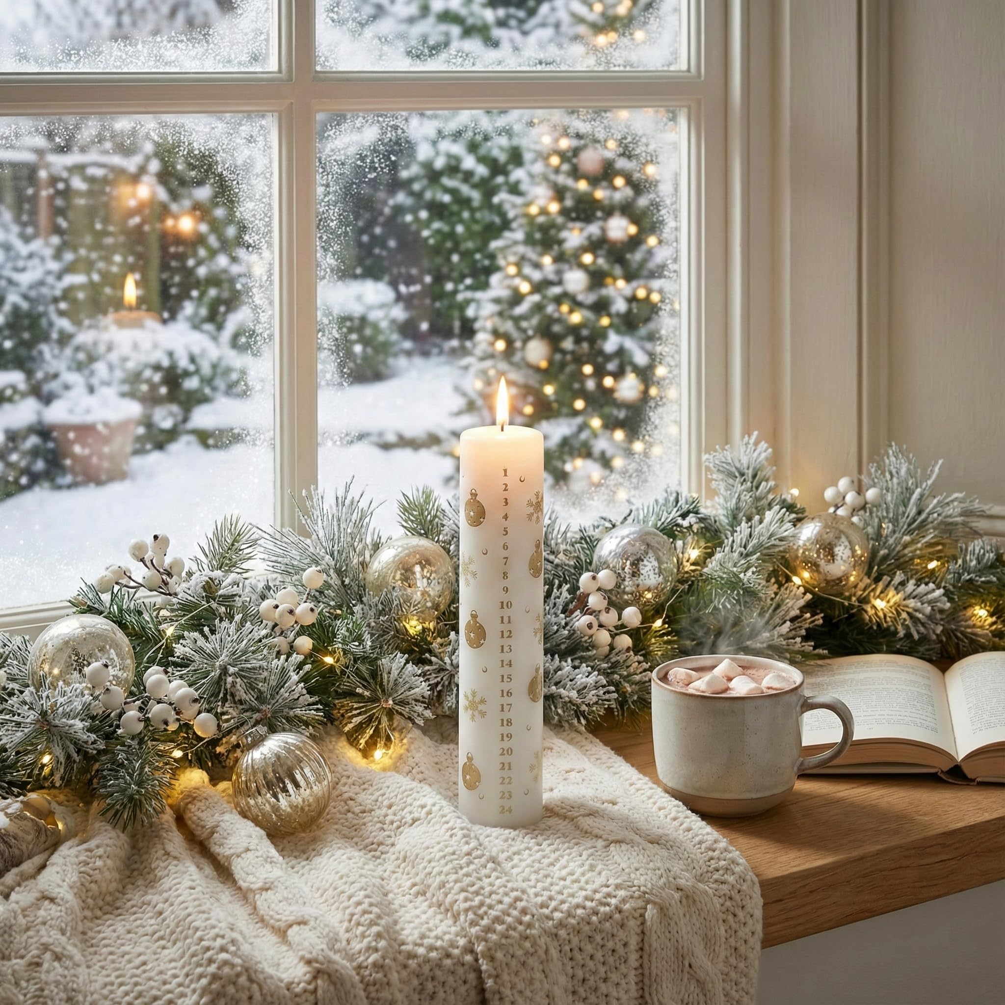 White Bauballs and Snow Advent Pillar Candle 7 – Christmas Countdown Candle, 70hr Burn, Festive Candle for Table, Mantelpiece & Seasonal Décor