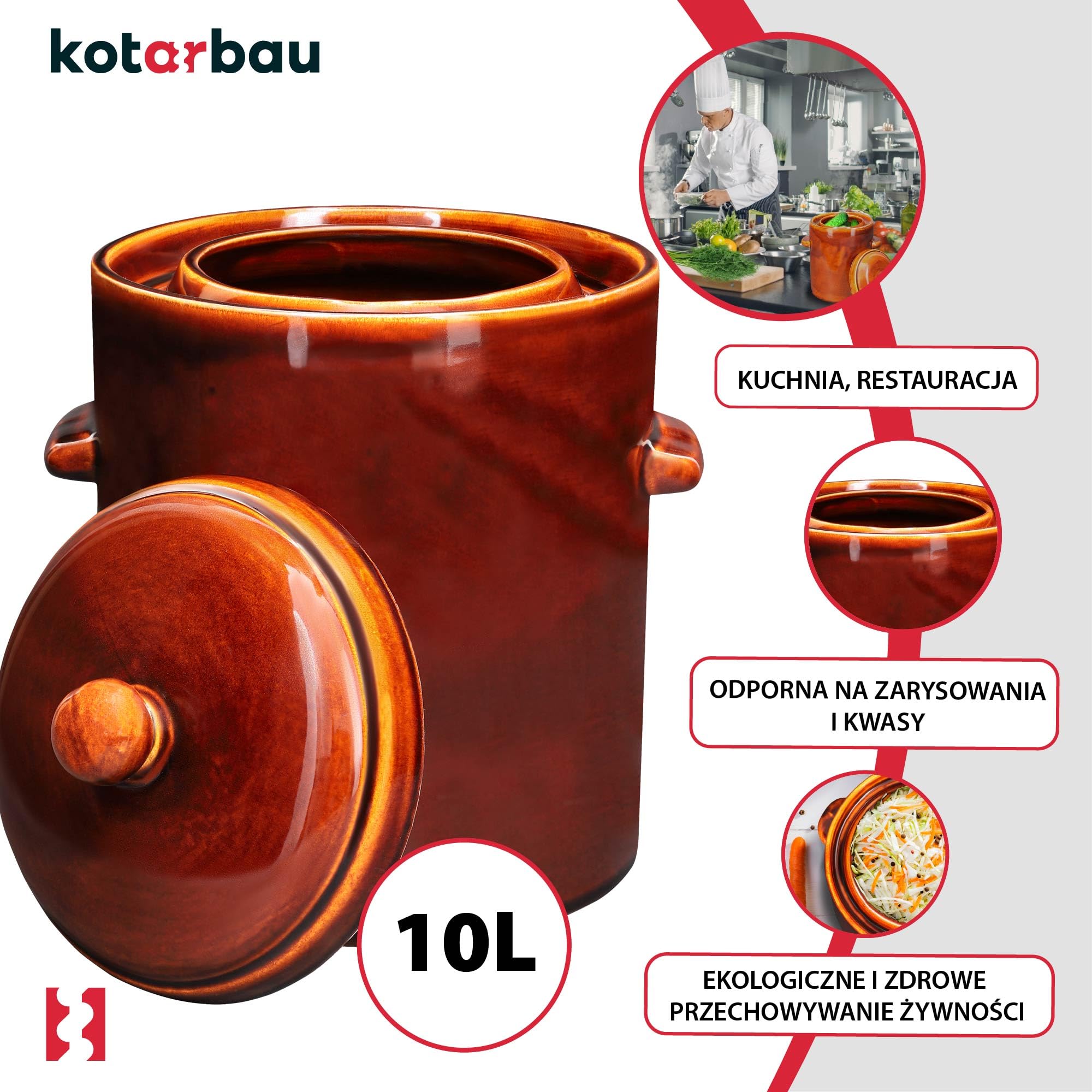KOTARBAU® Garnek fermentacyjny 10L brązowy kamionkowy z hermetyczną pokrywką garnek do kapusty kiszonej ogórków pojemnik do kiszenia ceramiczny z kanałem wodnym