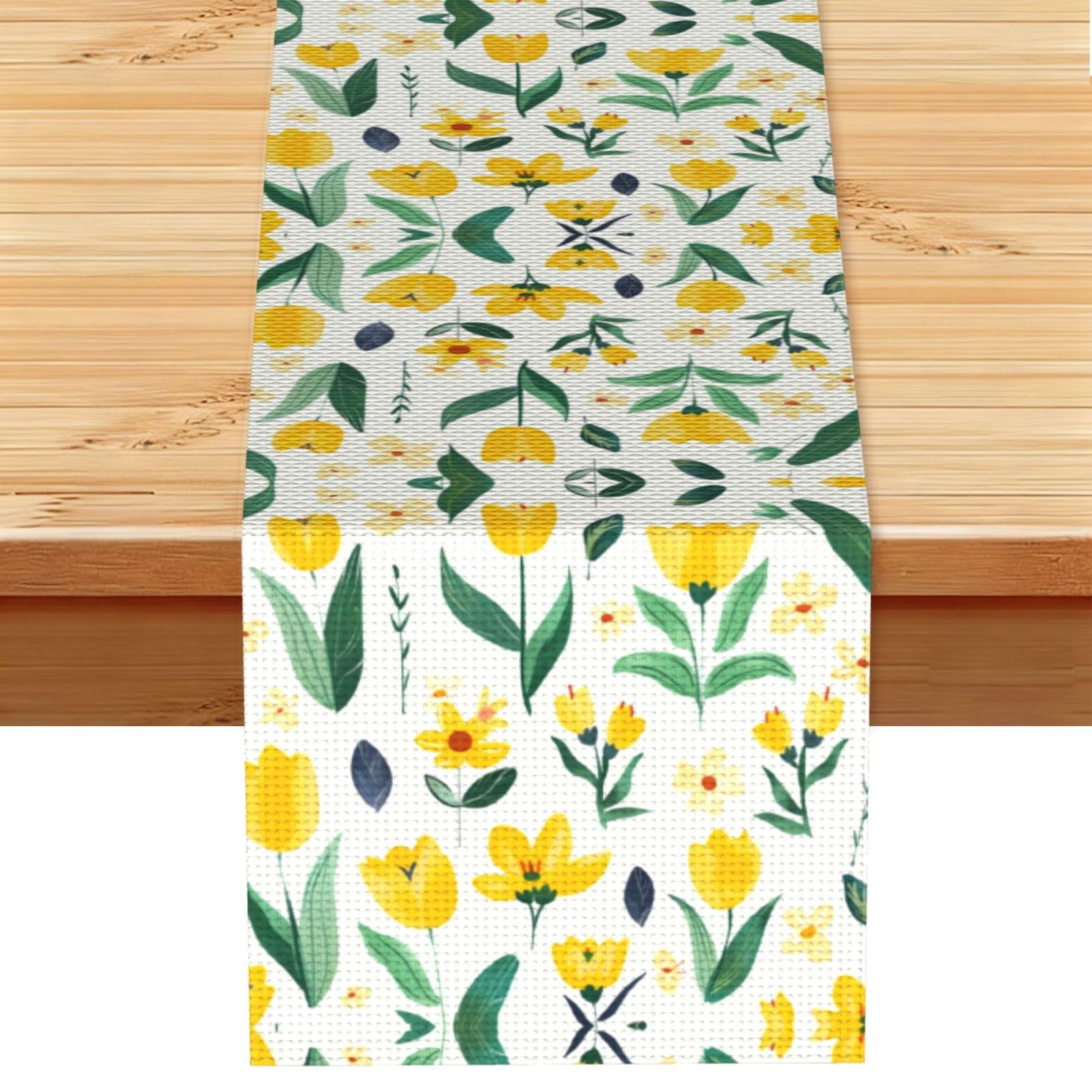 Cheer Yellow Green Tulip Printed Table Runner 13 x 72, Wrinkle Resistant Decor for Dining Table Coffee Table Fireplace