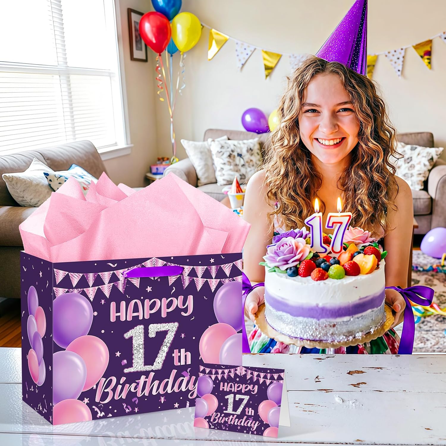 TagreSpike Happy 17th Birthday Gift Bag for Girls, Purple and Pink 17 Years Old Birthday Party Decorations Large 17 Gift Bag with Greeting Card and Wrapping Paper for Girls 17th Bday Party Supplies image 2