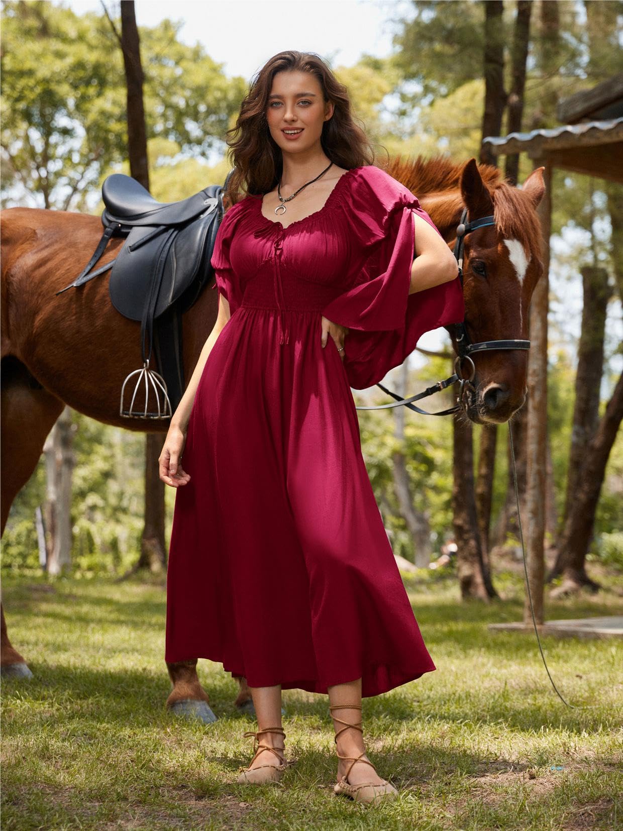 SCARLET DARKNESS Women Renaissance Dress Diamond Neck Agaric Lace Long Slit Sleeves Medieval Dresses Wine Red XL - Image 2