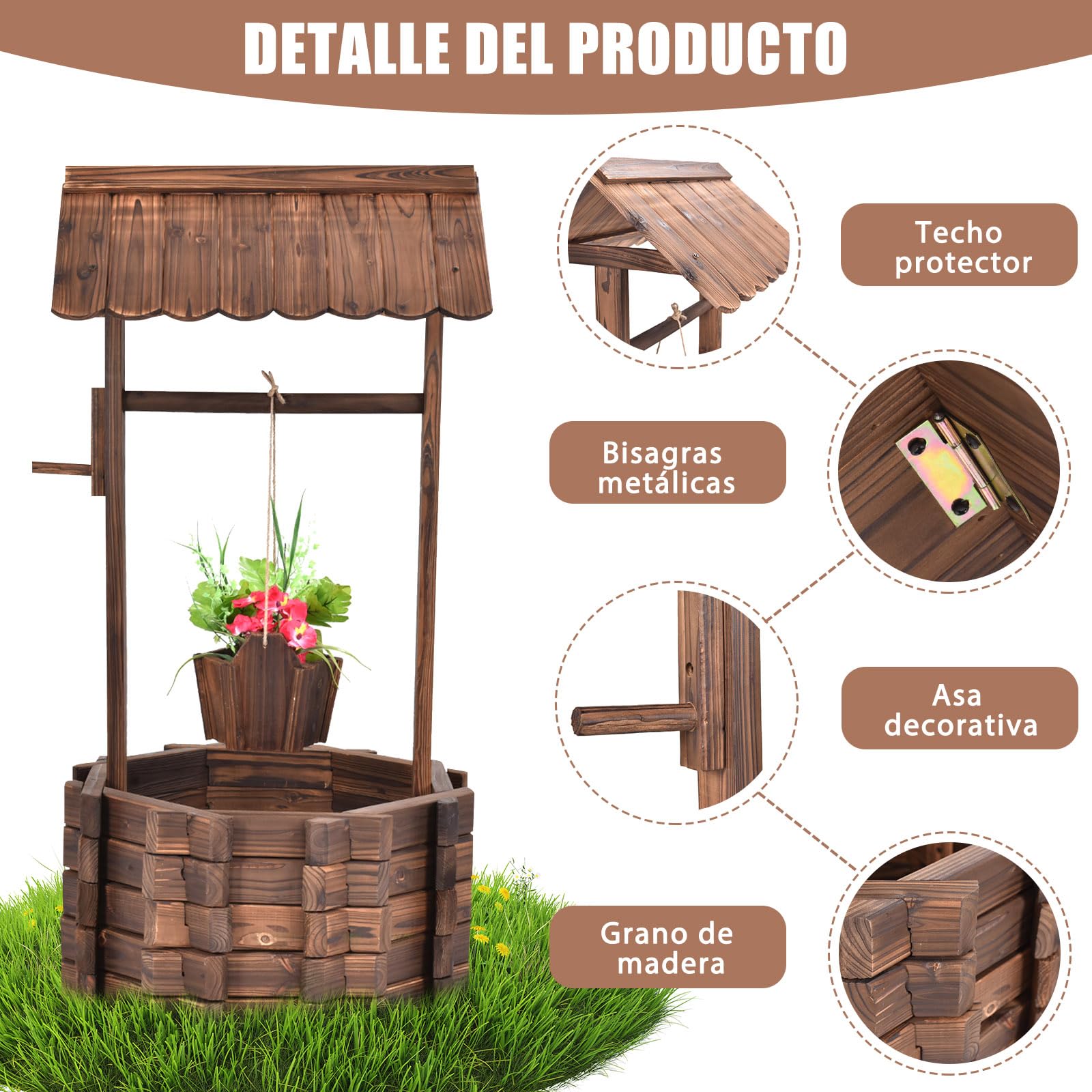 SOARS Pozo de Madera con Techo para Exterior, Fuente de Madera Regulable en Altura, Fuente Decorativa para Patio y Césped, 56 x 56 x 114cm