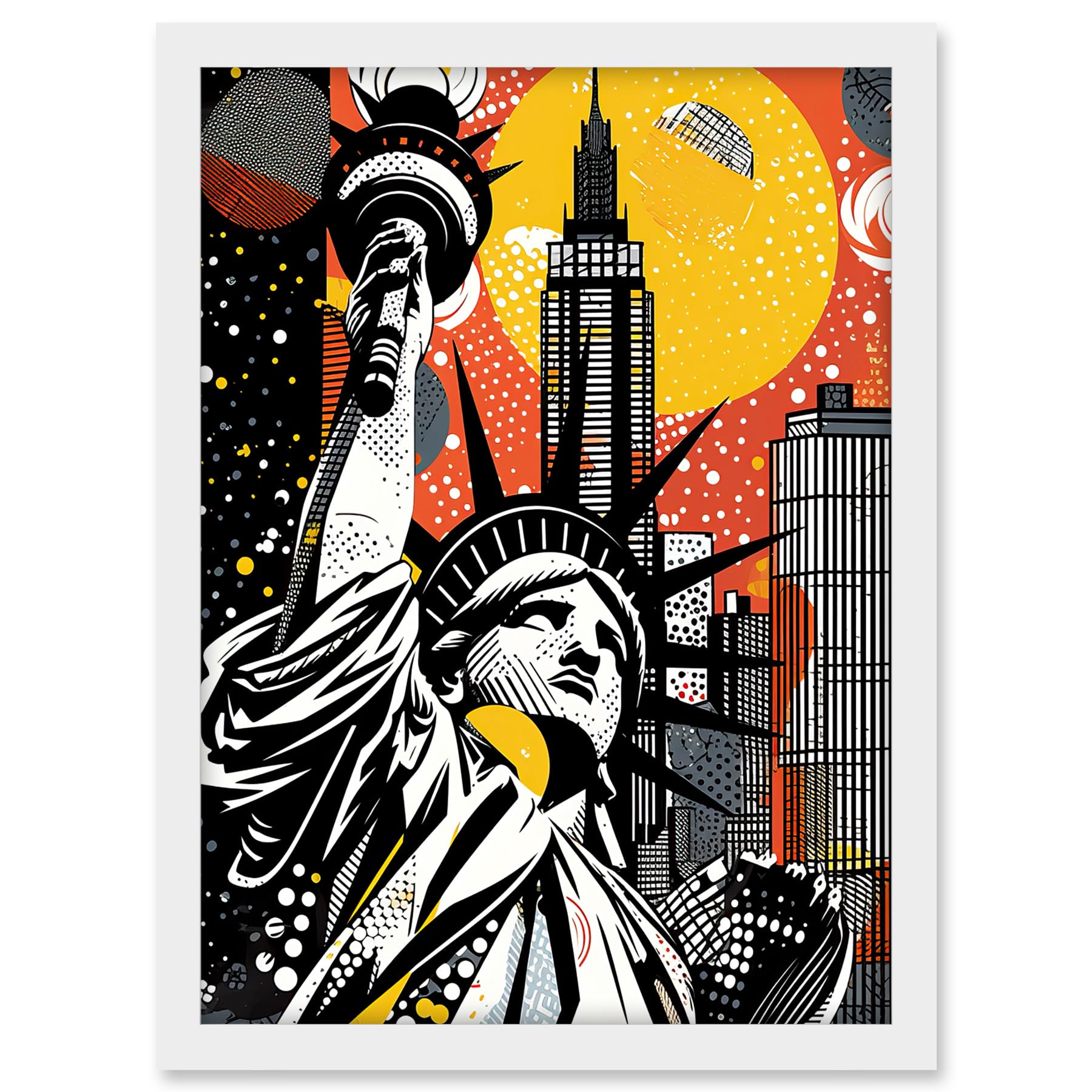Artery8 New York Collage Halftone Pop Art Comic Book Statue of Liberty Skyscraper Abstract Artwork Framed A3 Wall Art Print
