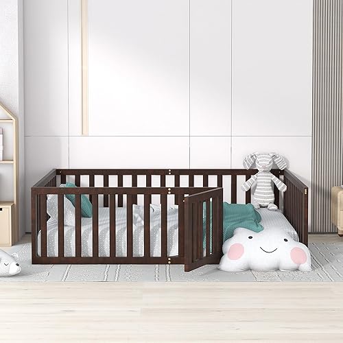 Harper & Bright Designs Cama de suelo de tamaño matrimonial para niños, marco de cama Montessori con barandillas y puerta, cama de piso de madera