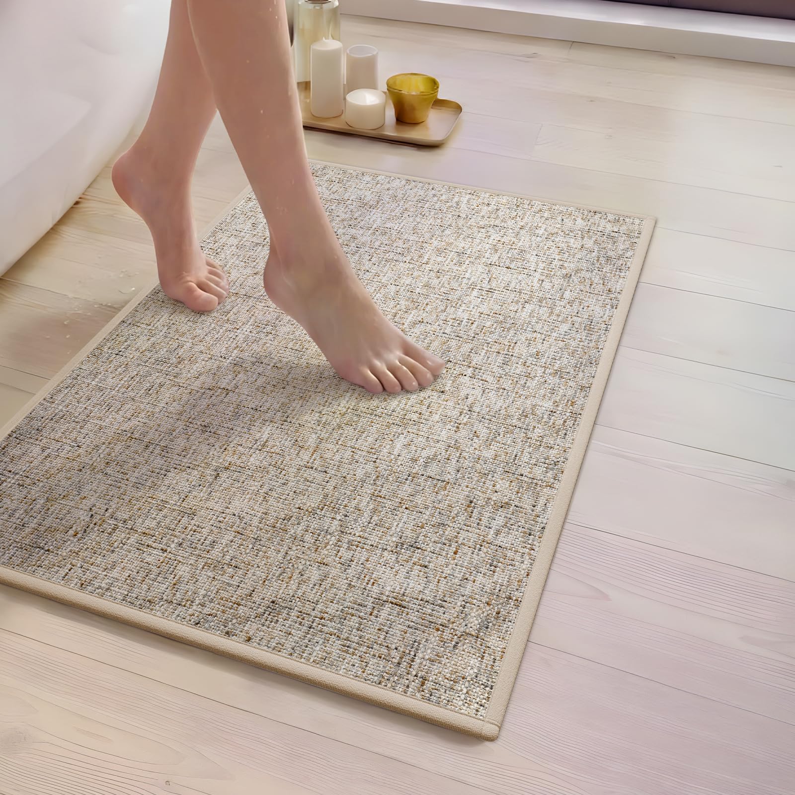 Cheerx Bathroom Rug 45x70 cm, Multicoloured woven Bath Mat, Non-Slip Rubber Backed Floor Mat, Machine Washable Quick Dry Rugs, Bathroom Accessories Decor, Beige