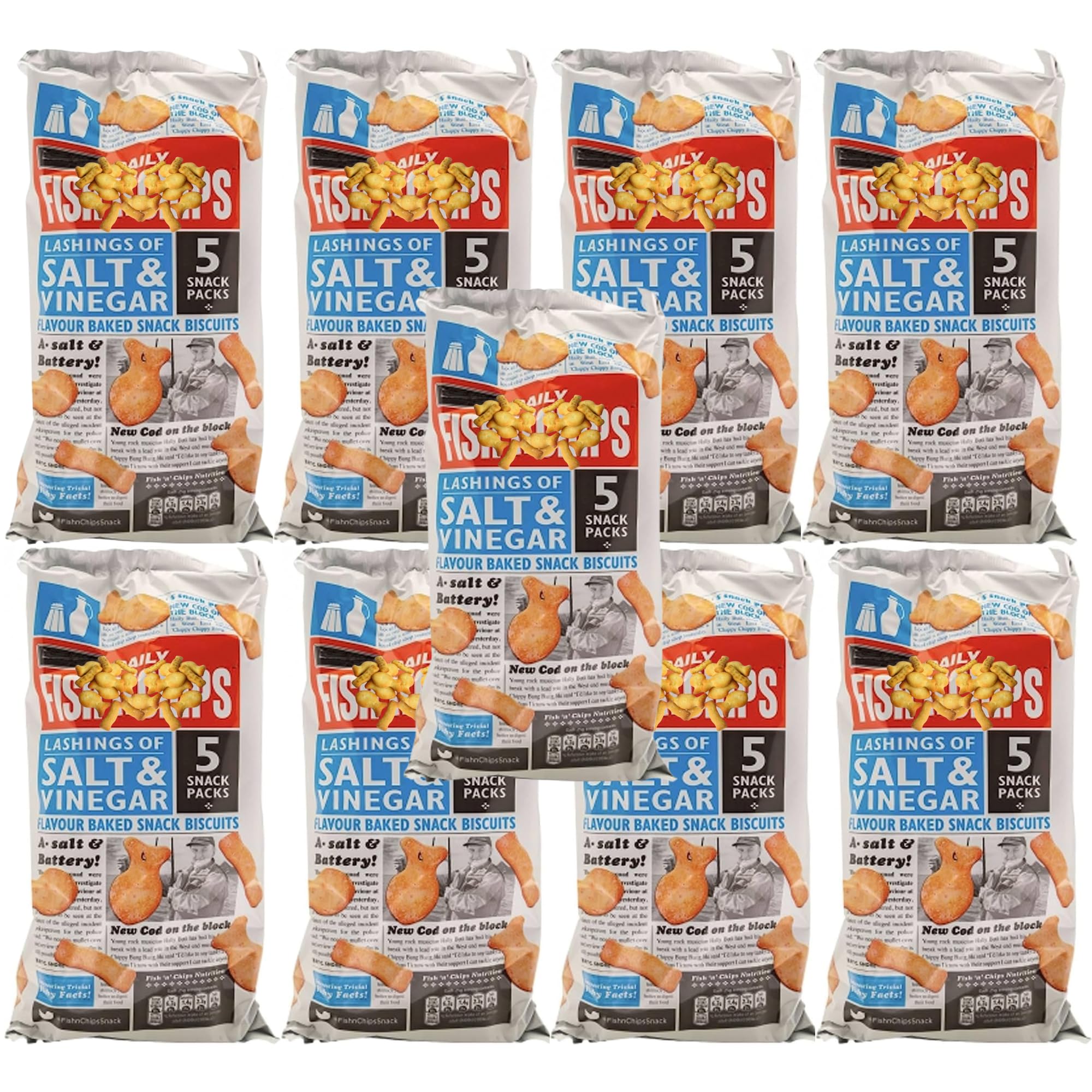Snack Pack Bundle with Burtons Daily Fish n Chips Salt & Vinegar Flavour Baked Snack 5x25g (9 Pack)