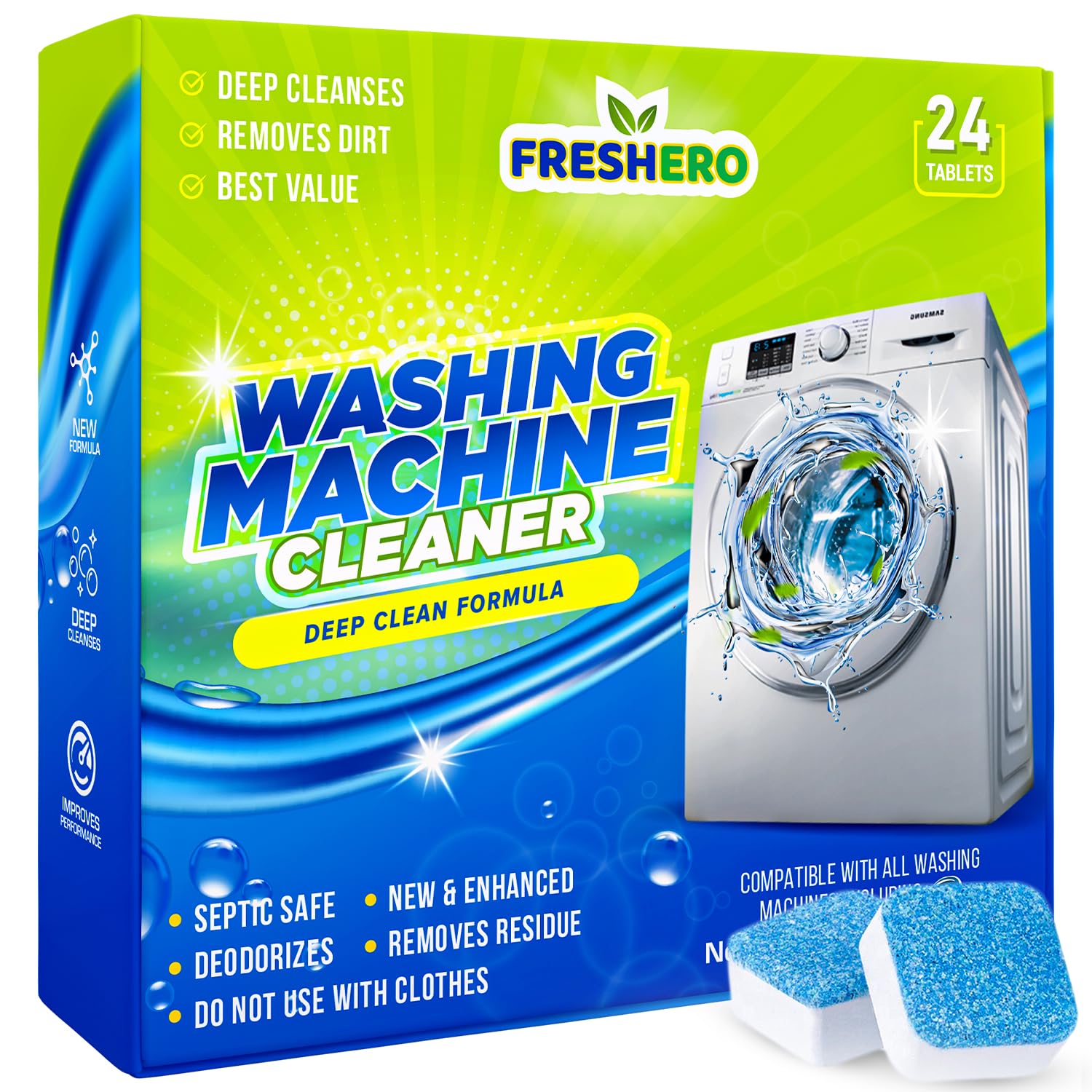 Washing Machine Cleaner Tablets – 24-Pack Deep Cleaning for Front Loader, Top Load & HE Washers – Helps Remove Odor-Causing Residues, Pet Hair & Hard Water Buildup – Septic Safe
