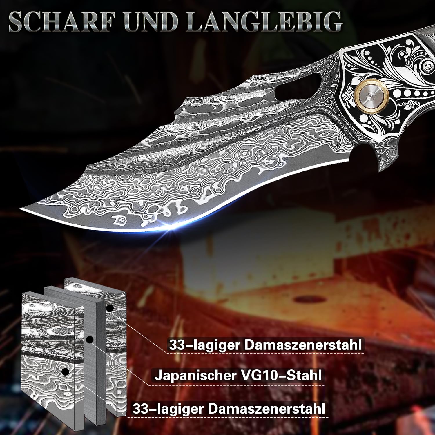 Klappmesser für Herren, 8,6" Damaszenerstahl-Klappmesser, mit Lederscheide, Taschenclip, mit Blütenblatt-Schnitzereien verziert, Griff aus Karbonfaser, ideal für Camping, Abenteuerwanderungen und als