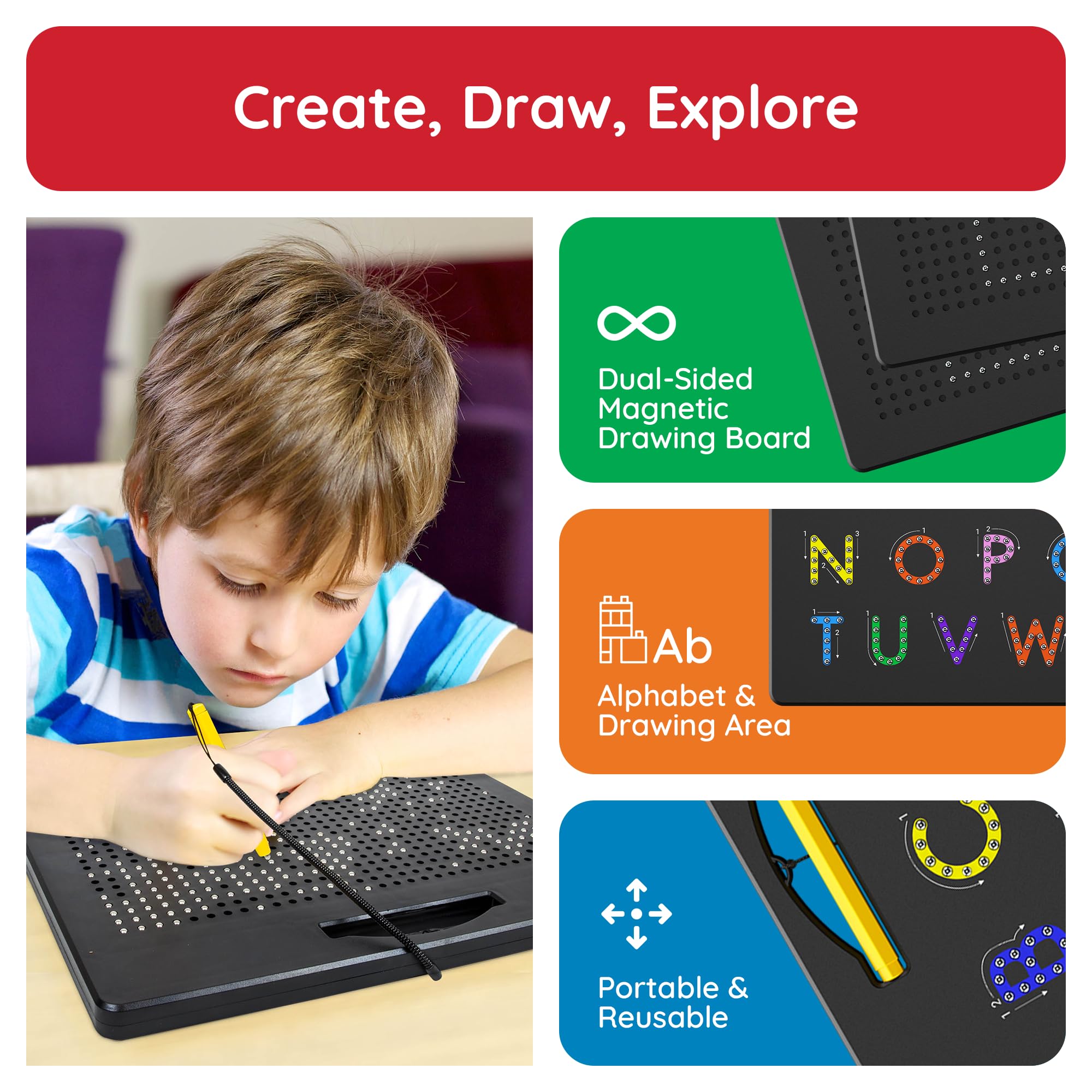 PicassoTiles 2-in-1 Double-Sided Magnetic Drawing Board Lower Case Alphabet Letter and Free Style Writing Reading Playboard 12x10 inch Large Magnet Tablet Pad Open-Ended STEAM Learning Playset PTB04 - Image 3