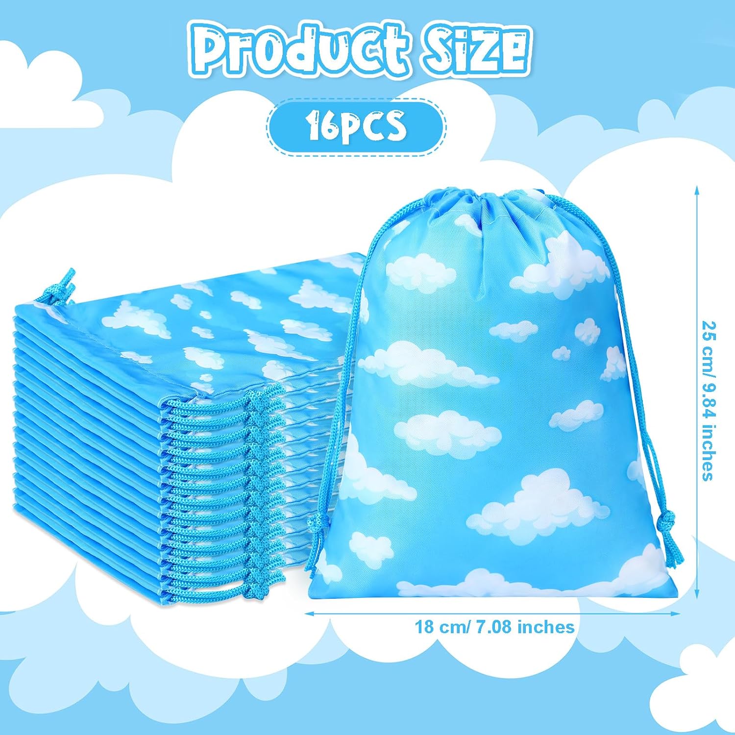 Capoda 16 Pcs Blue Sky White Clouds Party Favor Bags White Clouds Small Drawstring Bags Blue Sky Themed Gift Pouches Cartoon String Candy Goodie Treat Bag for Birthday Party Supplies image 2