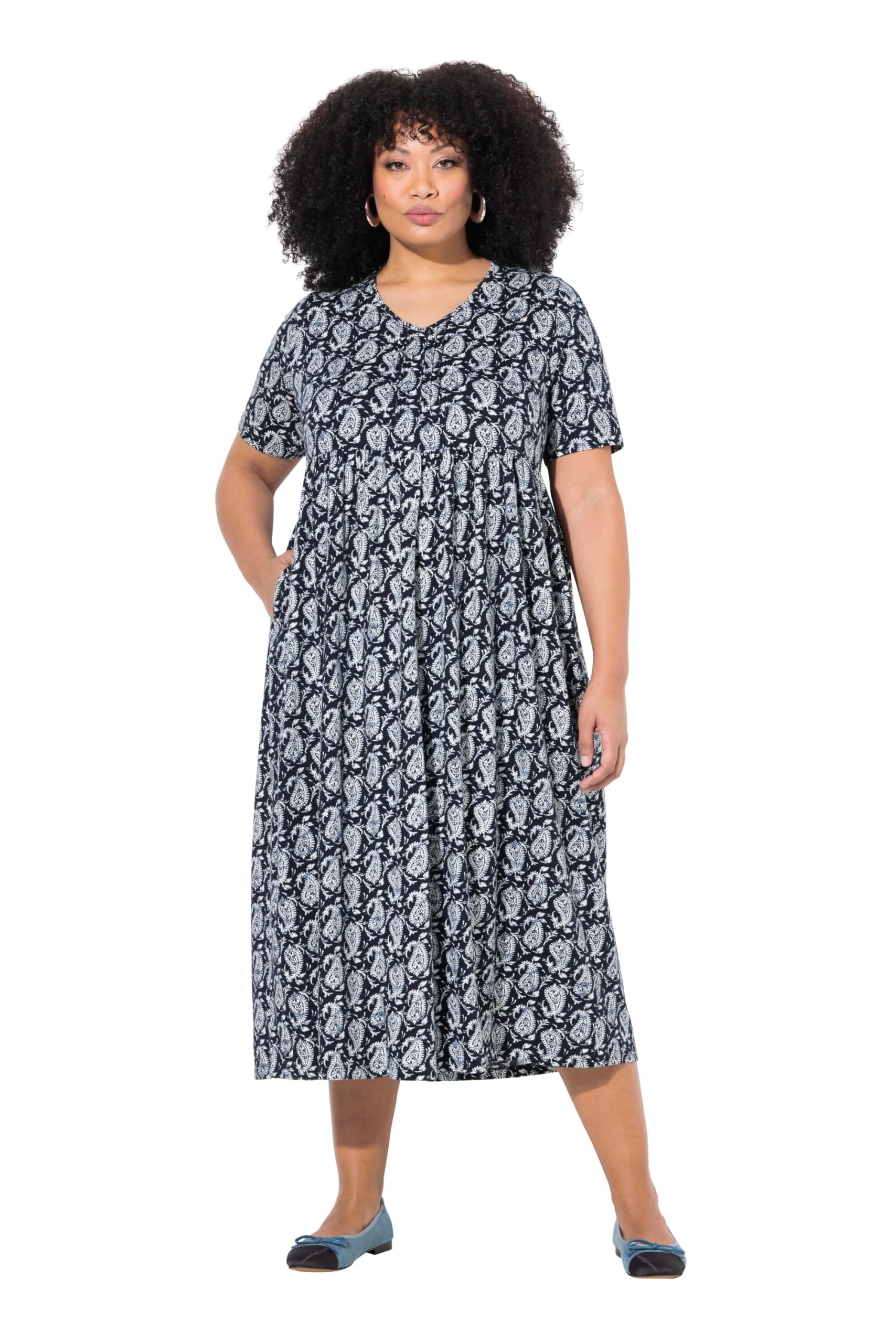 Ulla Popken Damen große Größen Übergrößen Plus Size Maxikleid, A-Linie, V-Ausschnitt, Halbarm, Taschen 839648