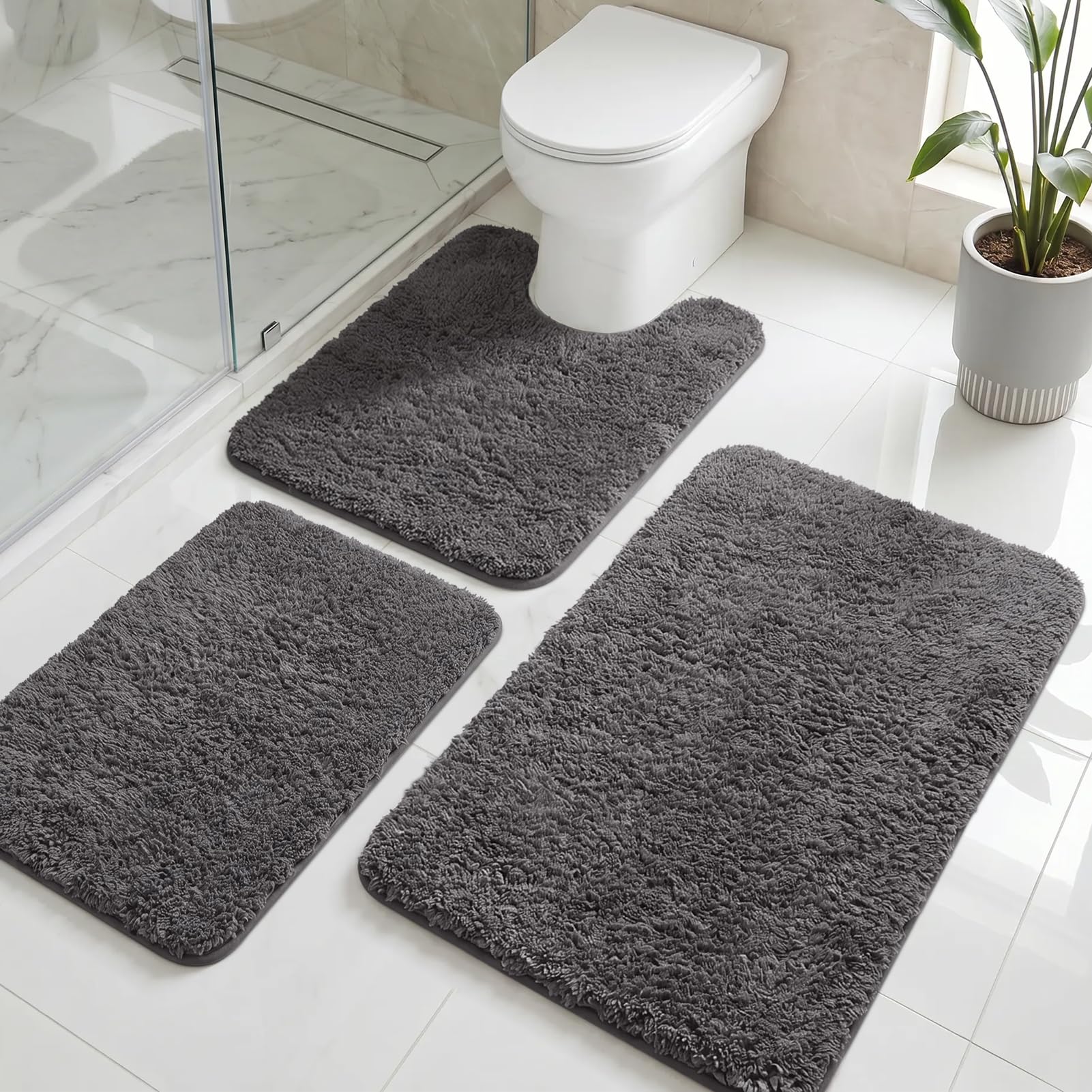 LUSCHEER Bathroom Mat Sets 3 Piece, Microfibre Shaggy Bath Rug Dark Grey
