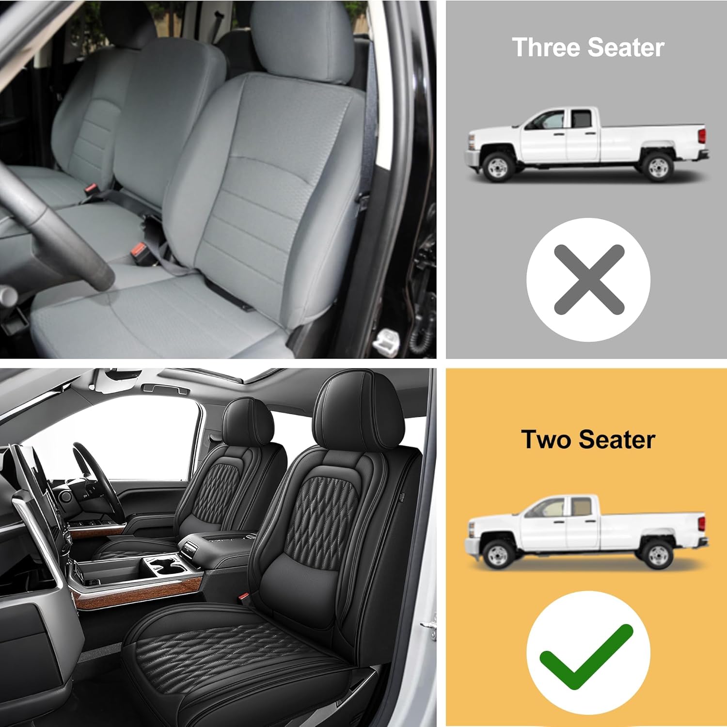 Chevy Silverado 2007-2025 2026 1500 2500HD 3500HD Seat Covers for Trucks Faux Leather Trail Boss Z71 Crew Double Extended Cab Waterproof Leather with Lumbar Support(Black, 2 PCS Front)