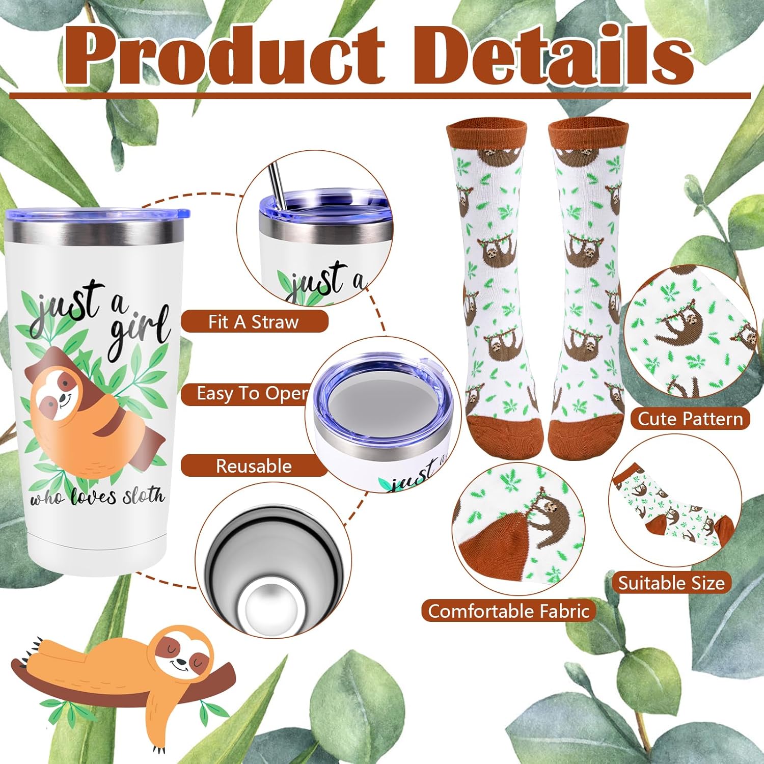 VAIPI 5 Pcs Sloth Gifts for Women Girls Sloth Stuff Include 20 Oz Sloths Stainless Steel Tumbler Canvas Bags Cute Socks Funny Keychain Birthday Christmas Gifts for Her Sloths Lover - Image 3