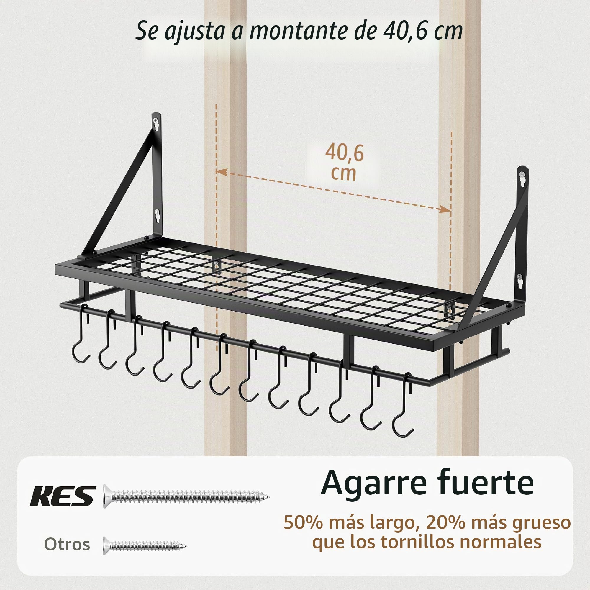 KES Estante de Cocina para Colgar Soporte para Ollas y Sartenes con 12 Ganchos Almacenaje Organizador Negro 75CM, KUR215S75-BK