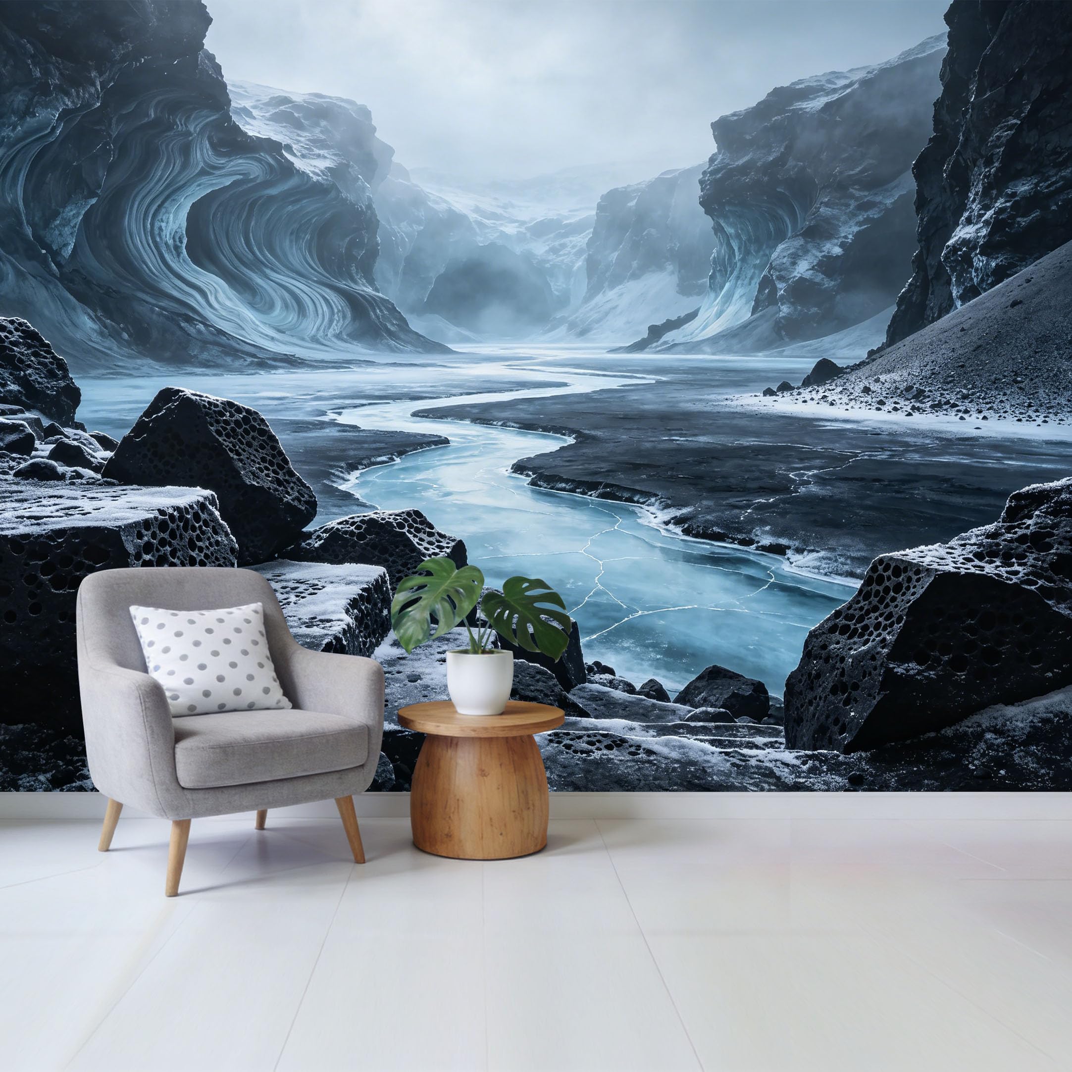Custom Size Wall Mural Frozen Mountain Lake Landscape Ice Cave River Removable Self Adhesive Fabric Home Wall Decor for Living Room Bedroom Bathroom