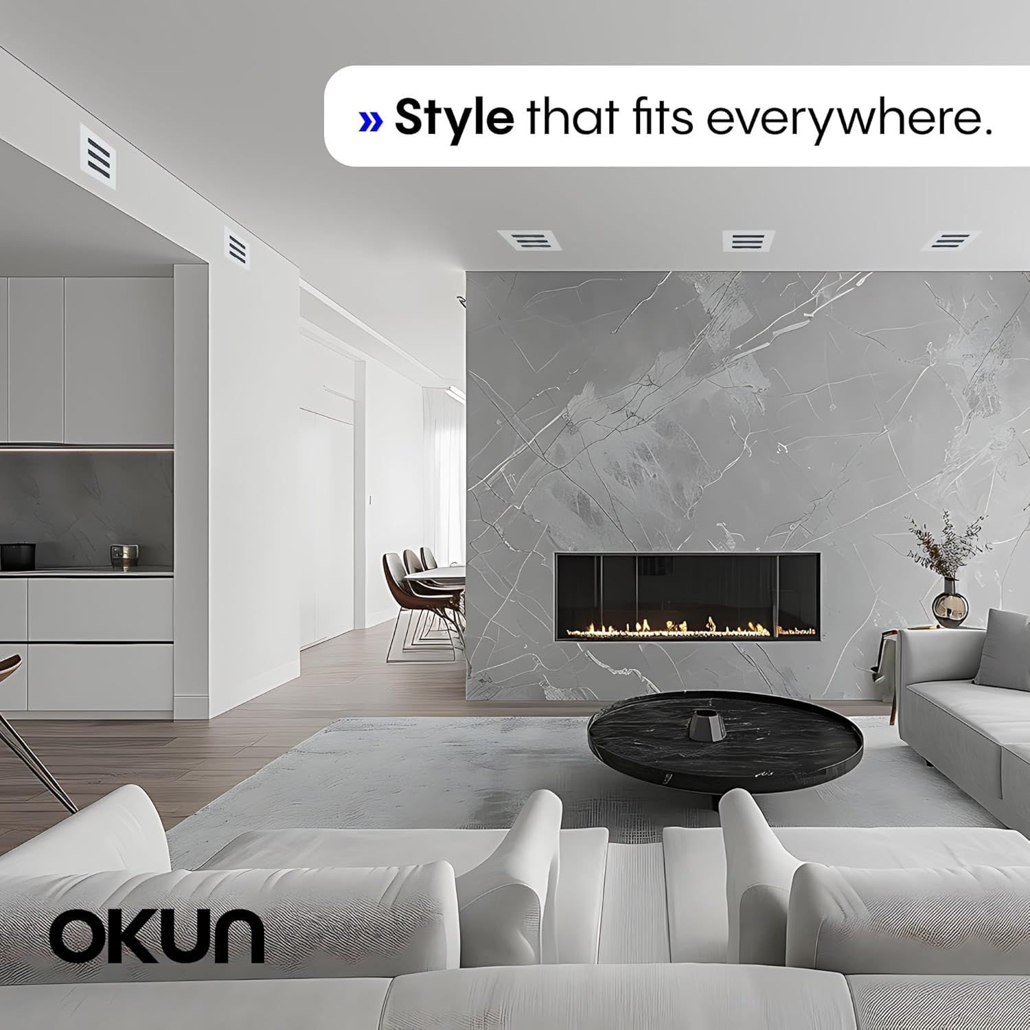 OKUN - Standard Linear Slot Diffuser - 6" x 6" Duct Opening Cutout - 8" x 8" Matte White AC Vent Cover - Concealed Design Register Grille for Ceiling/Walls - Decorative Air Vent