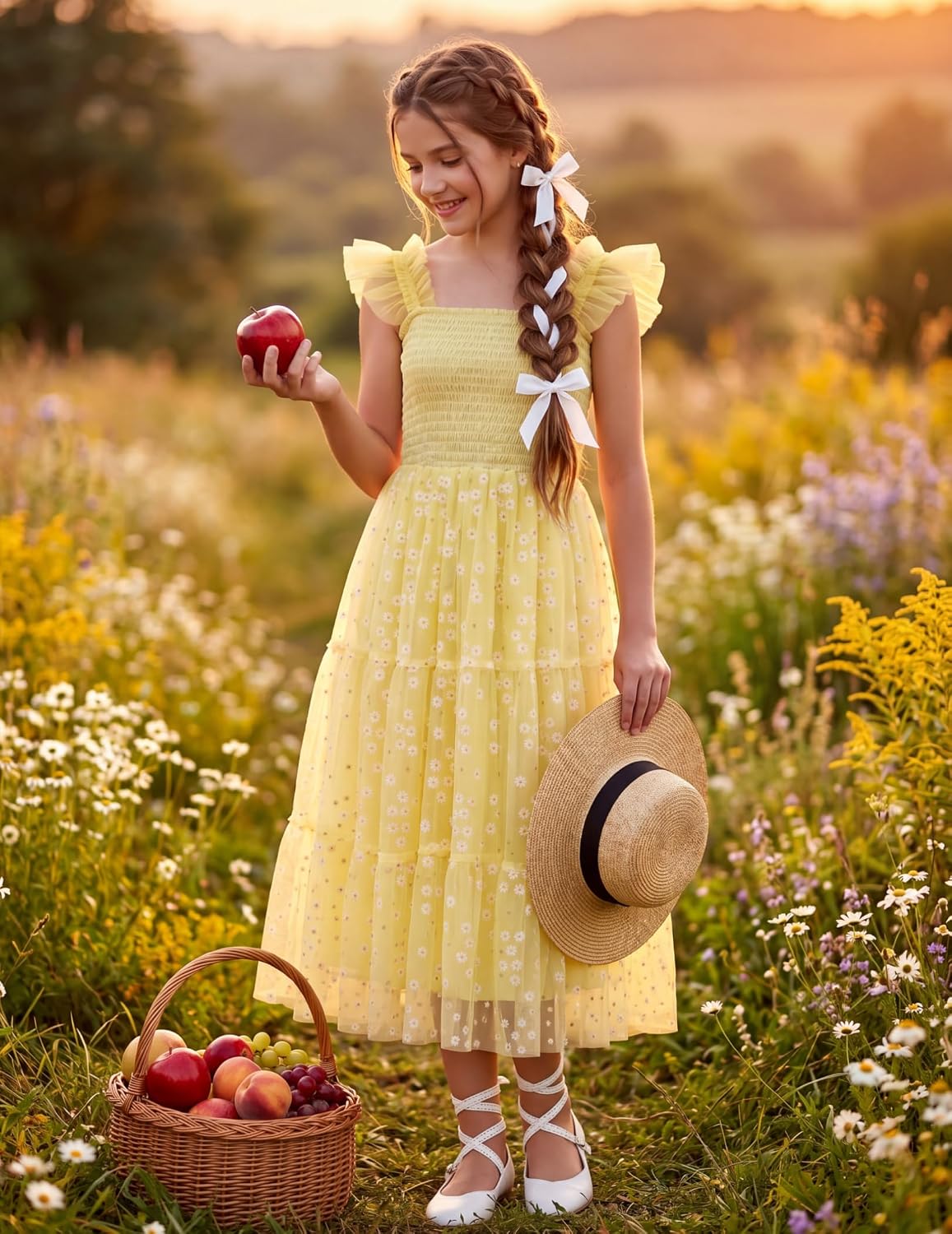 Arshiner Tween Girls Dress Ruffle Sleeve Elastic Straps Smocked A-Line Tulle Summer Long Patry Birthday Sundress