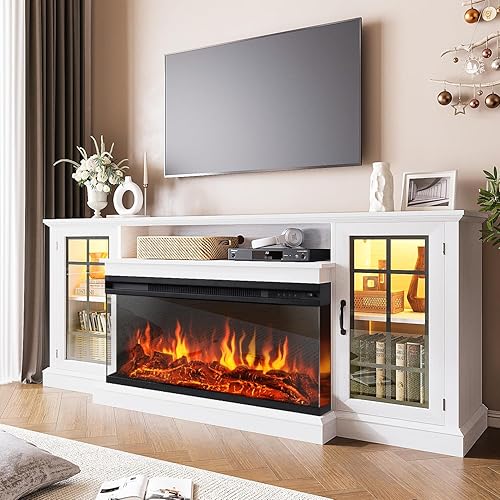 70 Inch TV Stand, 3-Sided Glass TV Stand with 36 Inch Fireplace for TVs up to 80", Rustic Media Entertainment Center Console Table with Glass Door Closed Storage, White