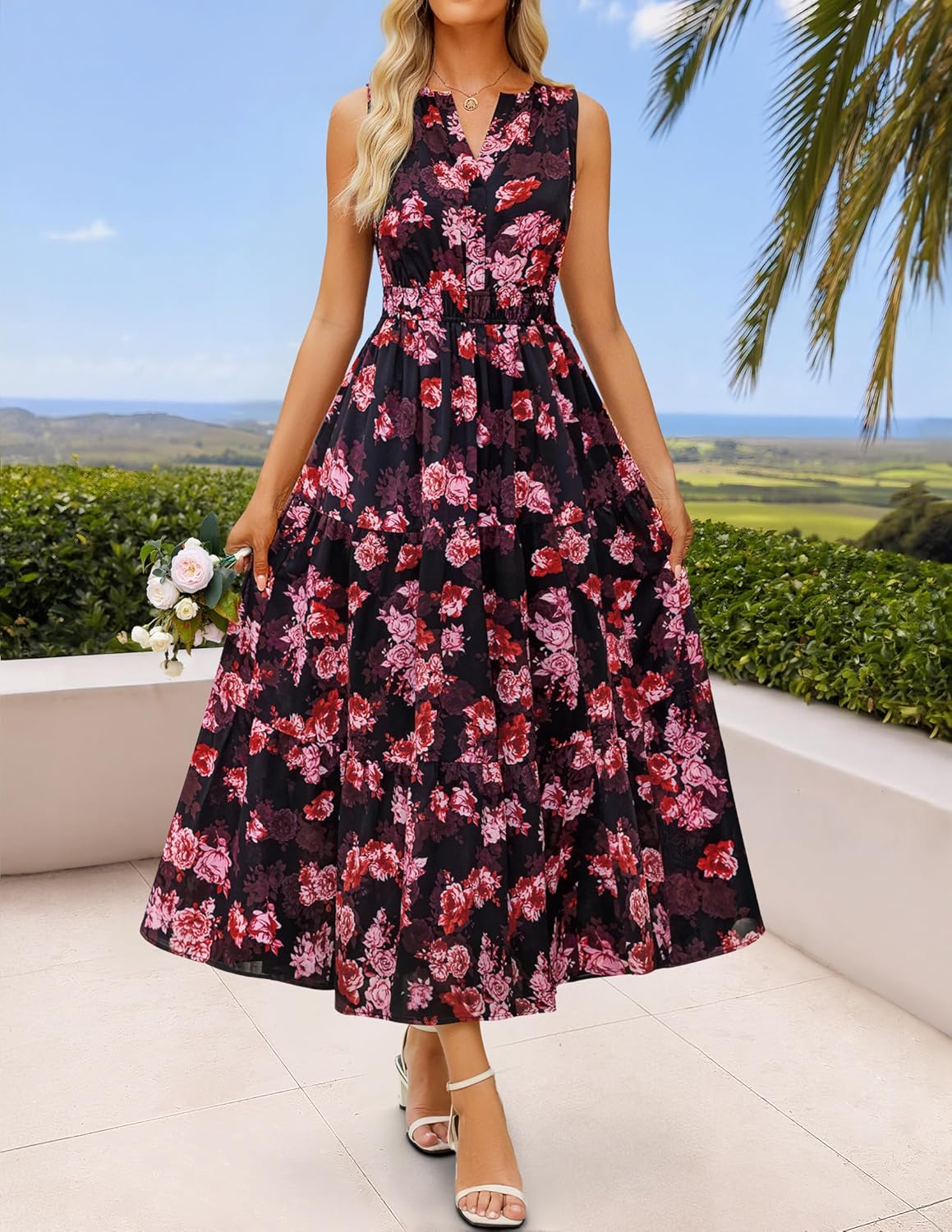 ZESICA Women's Summer Boho Floral Sleeveless Midi Dress 2026 V Neck Elastic High Waist Flowy Casual Beach Long Dresses - Image 3