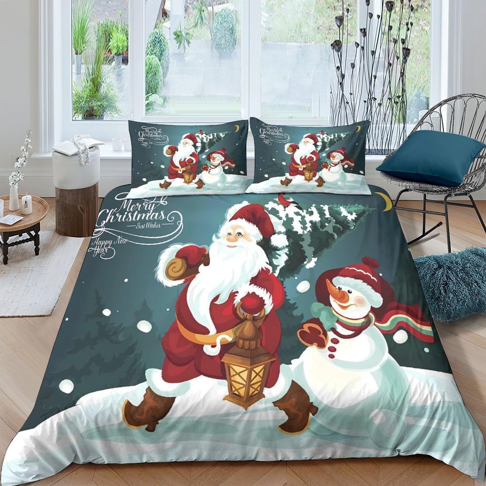 Ctjqhvkz Style-1 3D Printed Christmas Santa Snowman Fitted Sheet Microfiber Non-Slip Festive Bed Cover For Bedroom Guest Room Easy Care Single（135X200cm）