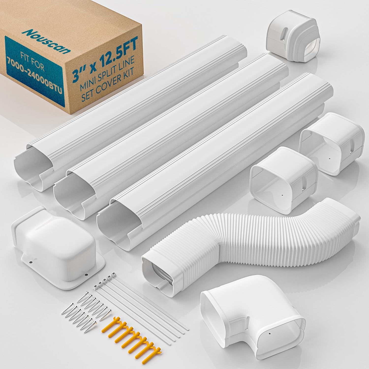 3" 12.5Ft Mini Split Line Set Cover with Flexible Duct, Upgrade PP Decorative Paintable Lineset Cover Kit, 39.37" per Straight Duct, for Minisplit, Air Conditioner, Central AC, HAVC