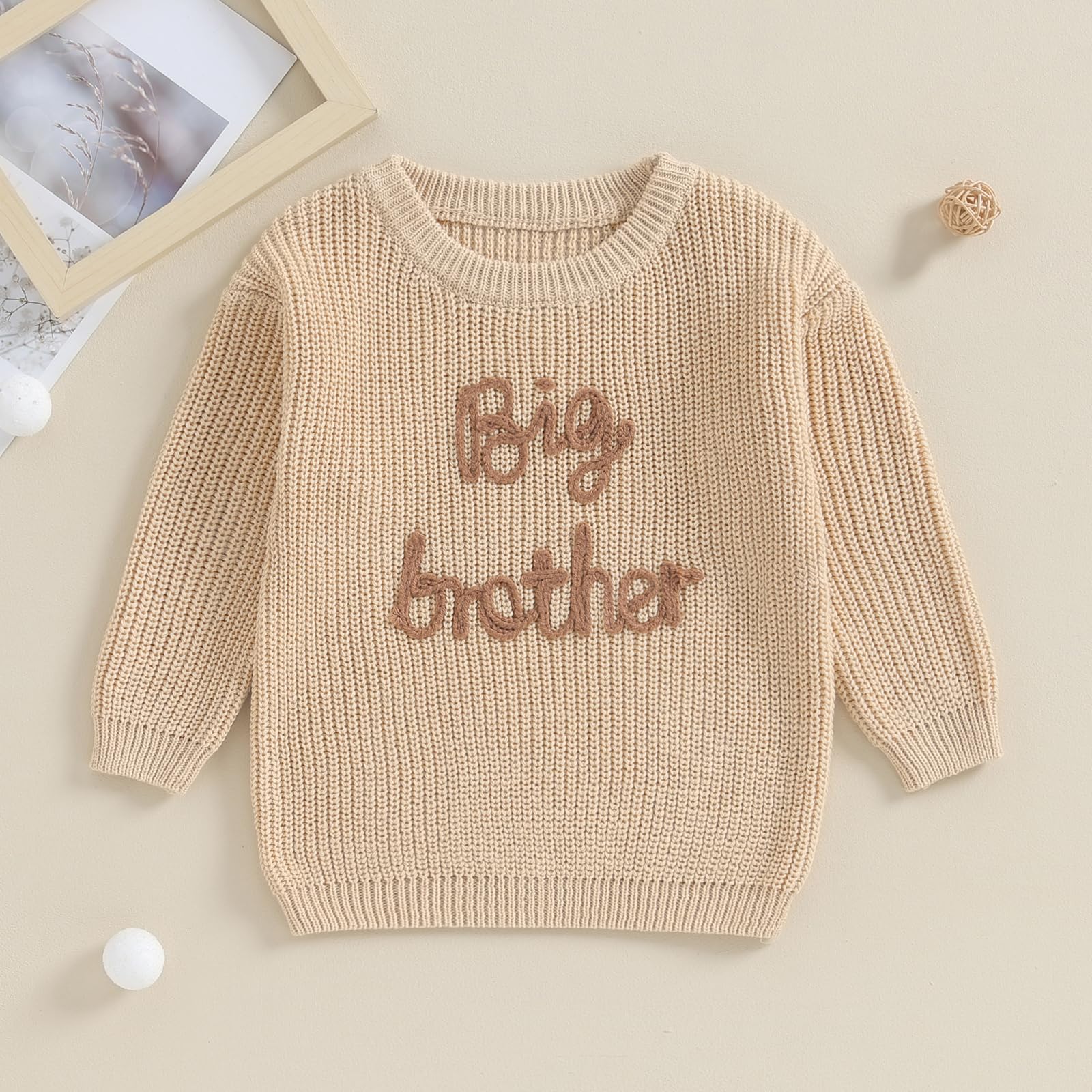 Big Brother Little Brother Matching Outfits Letter Embroidery Knit Sweater Shirt Baby Boy Winter Warm Clothes (Khaki Big Bro, 2-3 Years)