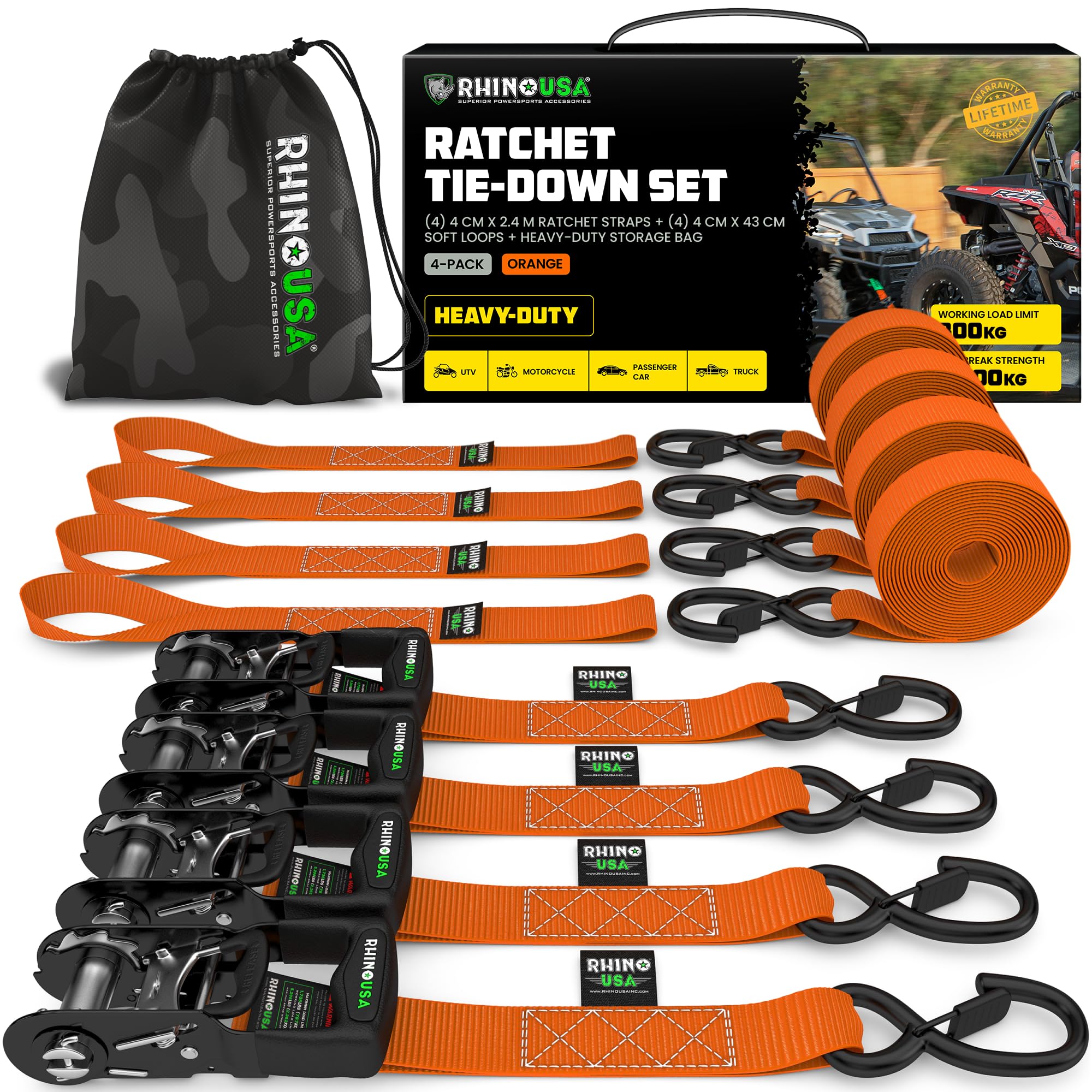 Rhino USA Ratchet Tie Down Straps (Set of 4), 2000kg Max Break Strength, 4cm x 2.4m Heavy Duty Tie Downs with Hooks (4pcs)