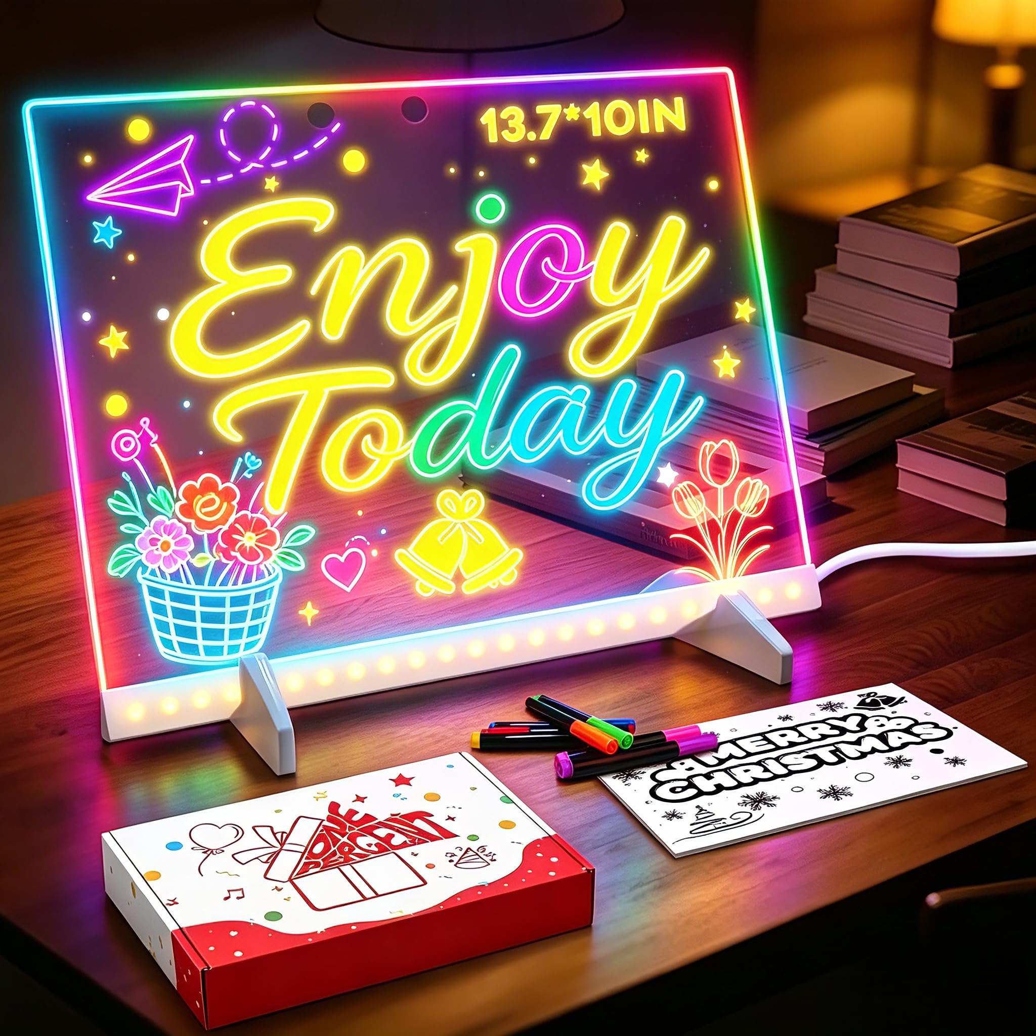 LED Drawing Board -13.7'' X 10" Doodle Glow Board for Christmas Gift, Room/Store/Festival,etc. with 4 Modes & 7 Colors, LED Glow Drawing Board with Adapter, 7 Markers & Tracing Paper