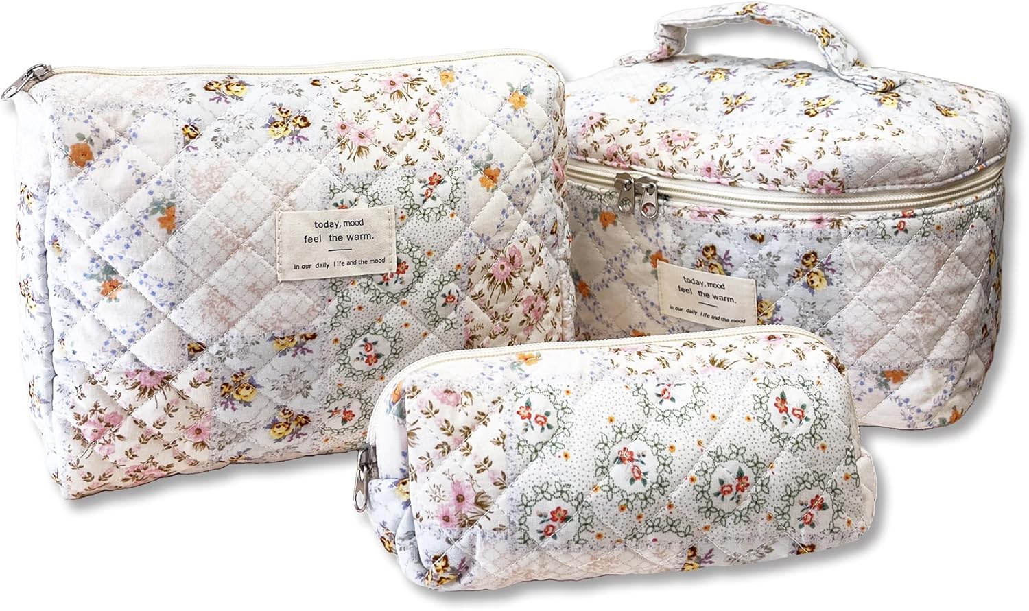 Quilted Makeup Bag Set, 3PCS Cotton Travel Makeup Bag, Soft Large Travel Quilted Cosmetic Bag, Travel Toiletry Organizer Bag for Women Girls (Cottagecore floral, 3 PCS Set)