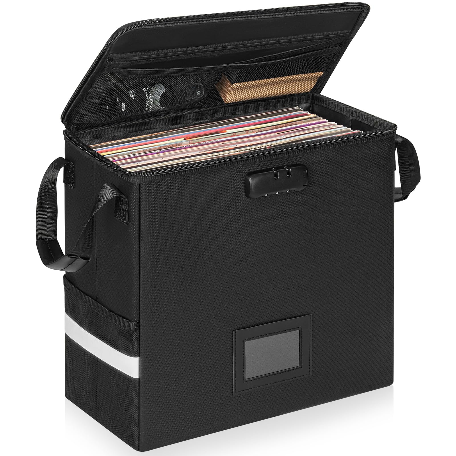 OUUTMEE Feuerfeste Vinyl-Schallplatten-Aufbewahrungsbox mit Schloss, wasserfeste Klappbare LP-Schallplatten-Aufbewahrung für 12" Schallplatten, Hält bis zu 30+ einzelne Schallplatten, Klein