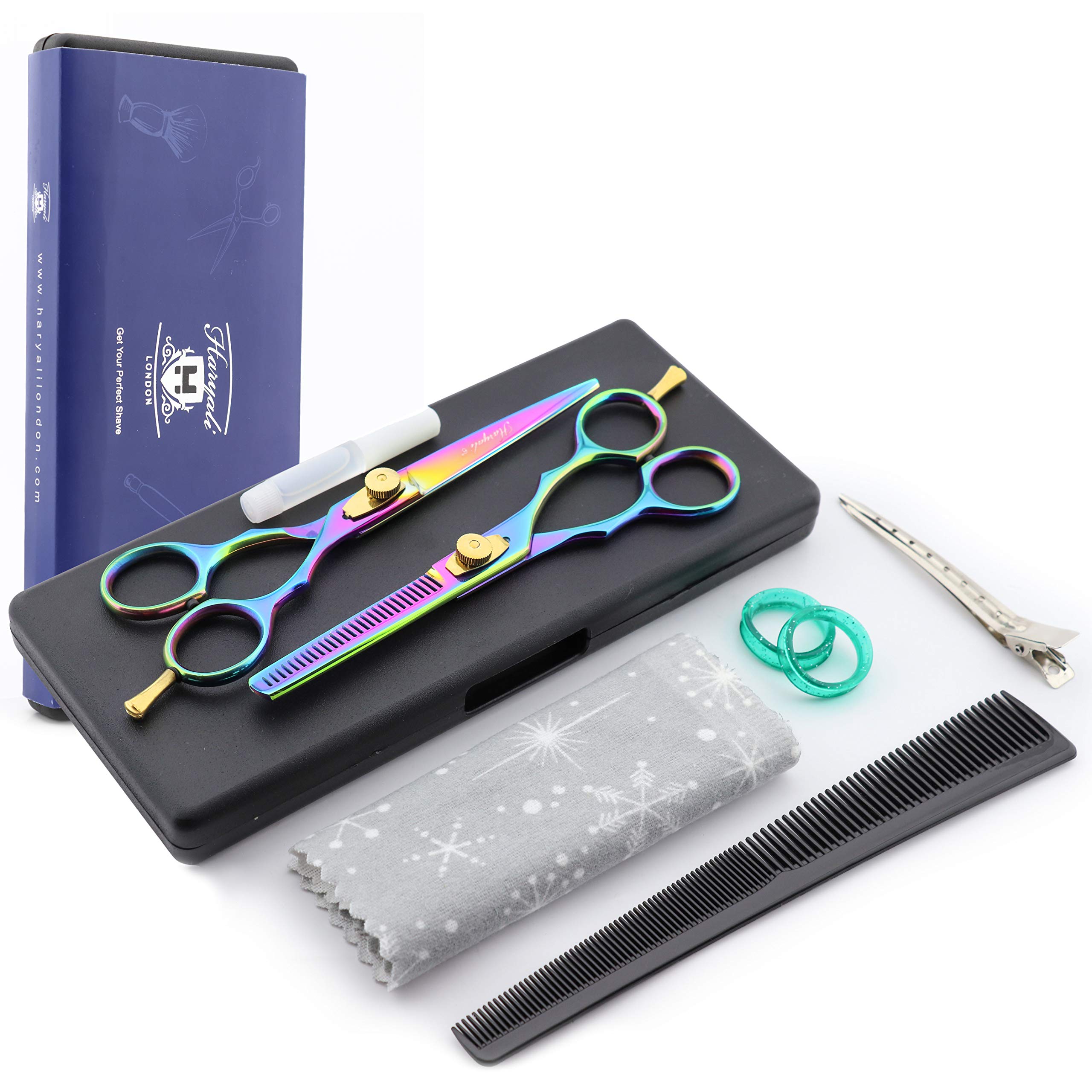 Multi Professional 6 Inch Hairdressing Barber Scissors Set Thinning Texturing Hairdresser Hair Cutting Shears with Comb, Oil Bottle, Cloth and Hair Clipper Comes in Black Box