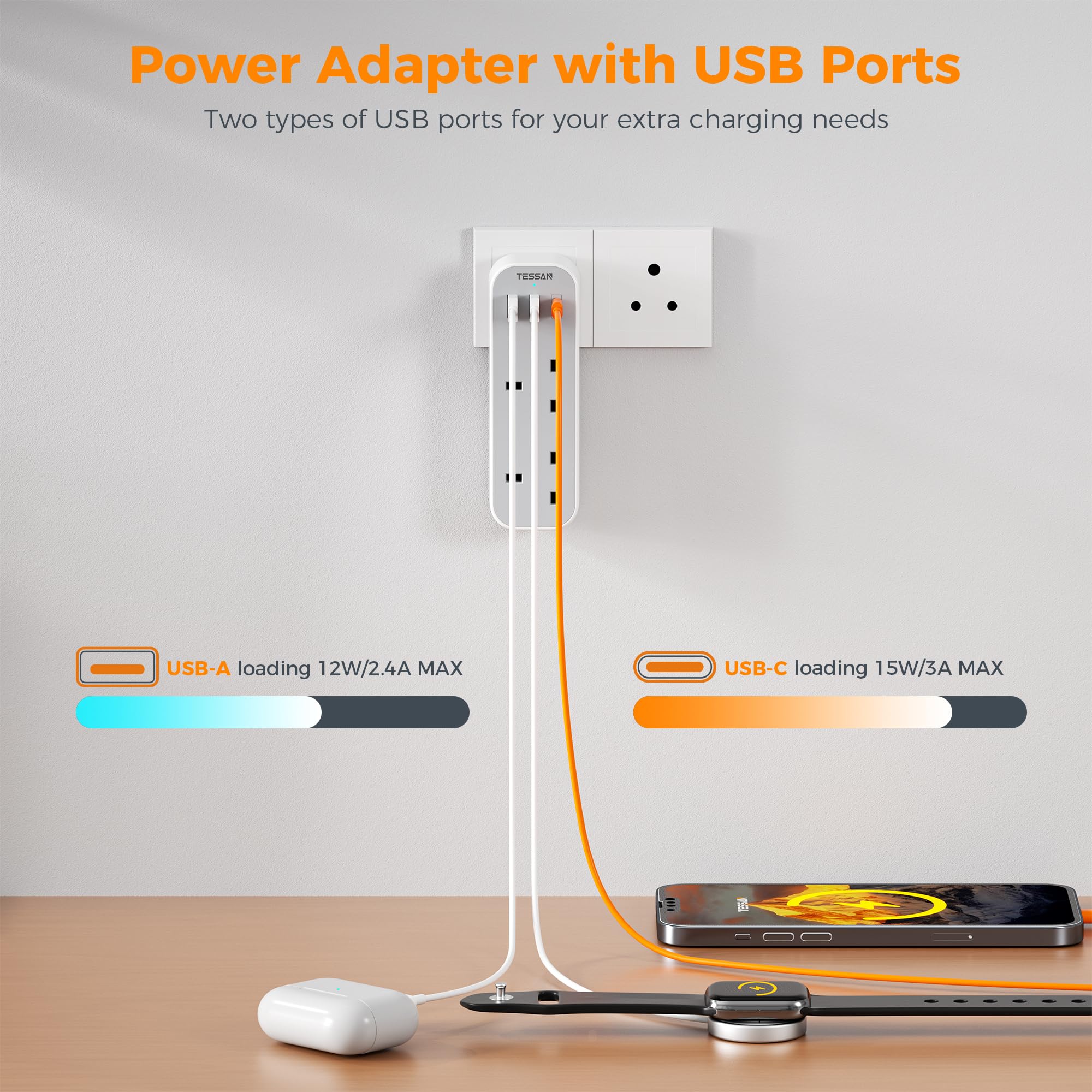 UK to India Plug Adapter, TESSAN Type D Travel Adaptor with 3 USB Ports (1 USB C) - Image 4