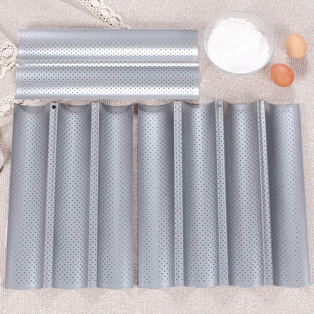 Baguette Baking Tray, Nonstick Wave Mould Fast and Evenly Heating, Perforated Baguette Kitchen Gourmet Making Pan, Baking Sheet, for French Bread, Stick Bread, Toast Maki(Silver 2 Baguettes-2Pcs)