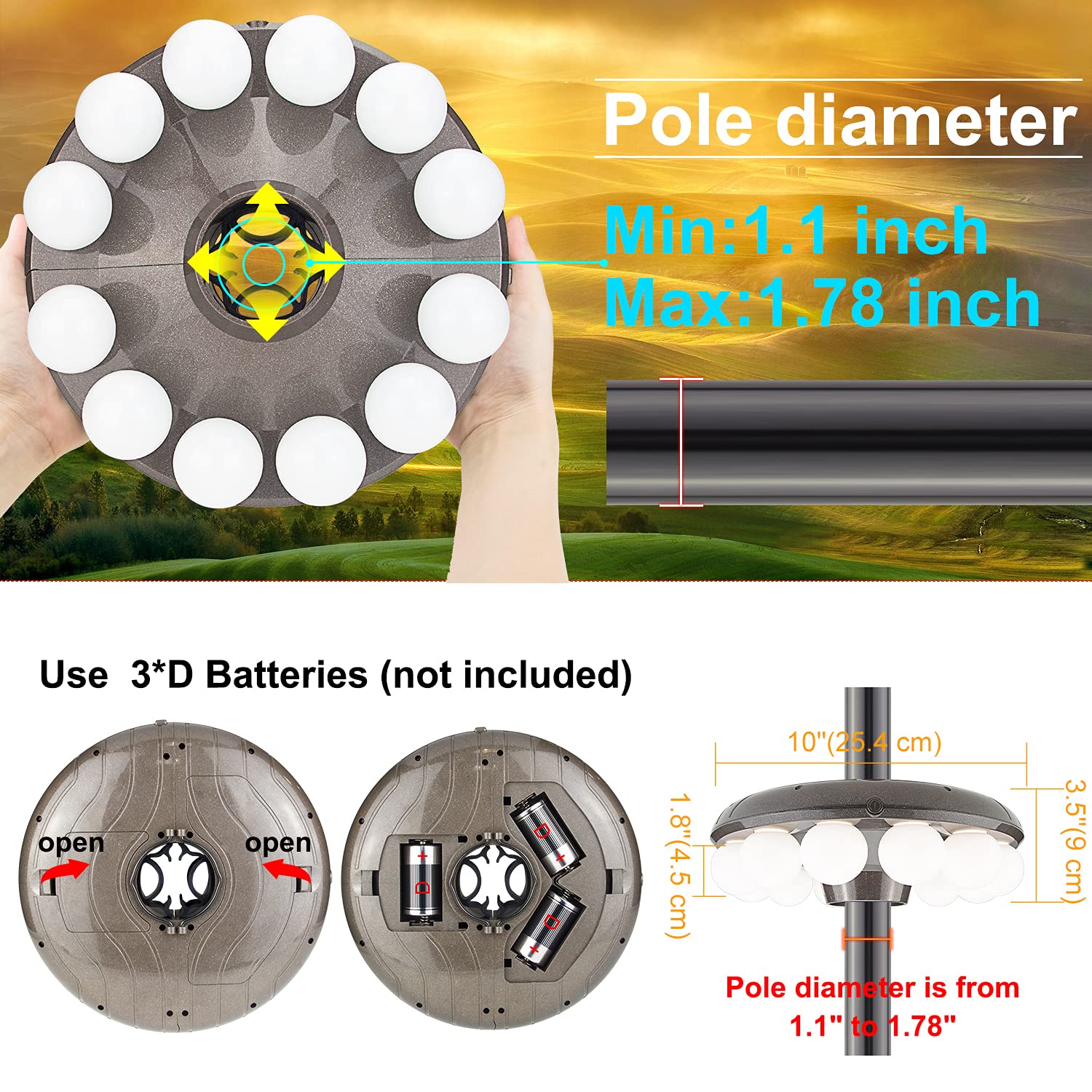Lampe de parasol de terrasse, 3 x D à piles avec télécommande traversant le mur, 12 ampoules 60 LED, 4 modes, 12 couleurs changeantes avec anneau de suspension pour parasol
