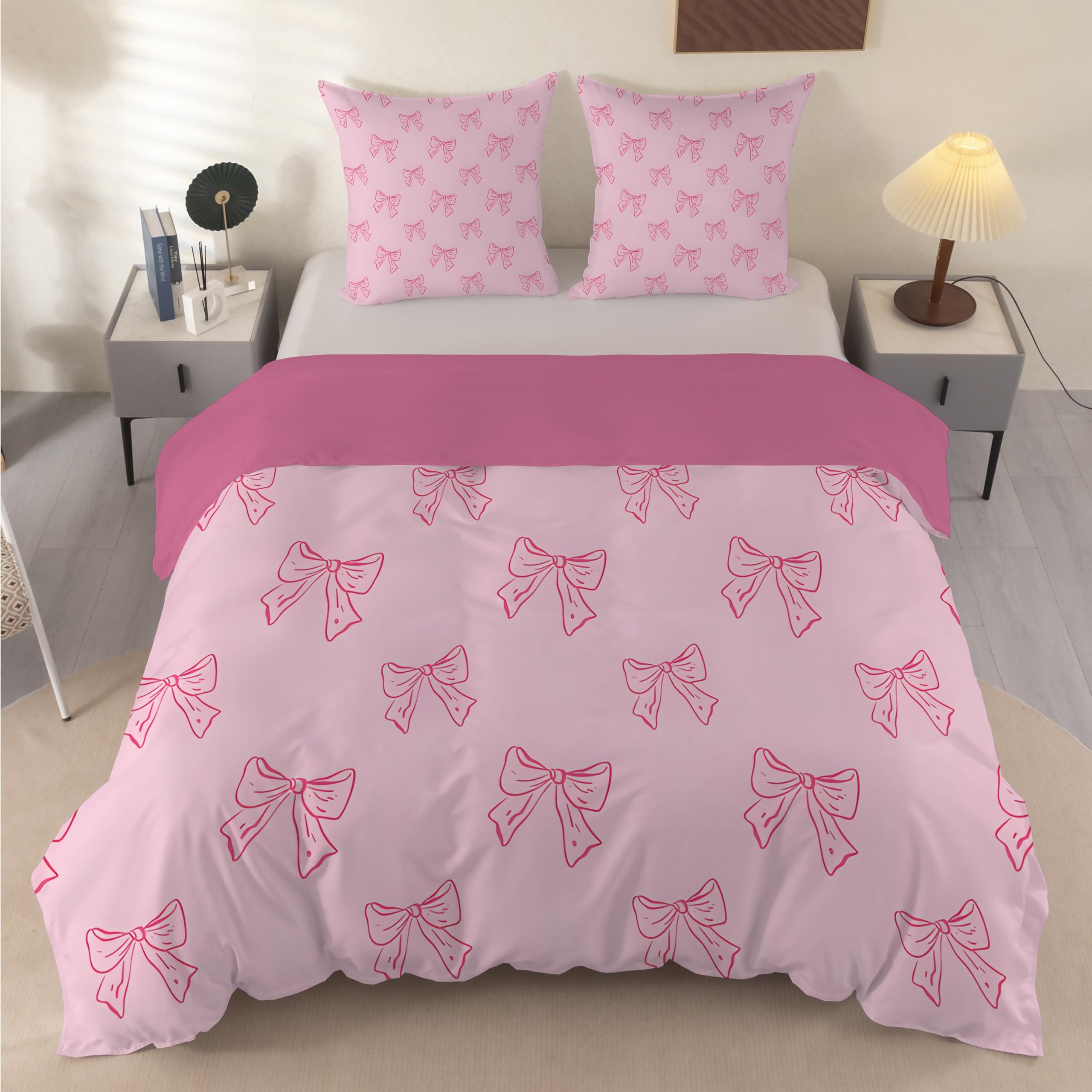 dyausi Ribbon Bows Duvet Cover Sets, Reversible Double Duvet Set for Teens Girls Kids, Aesthetic Cute Bowknot Bedding Double Bed Set, Soft Double Quilt Cover with 2 Pillowcases, Pink G35