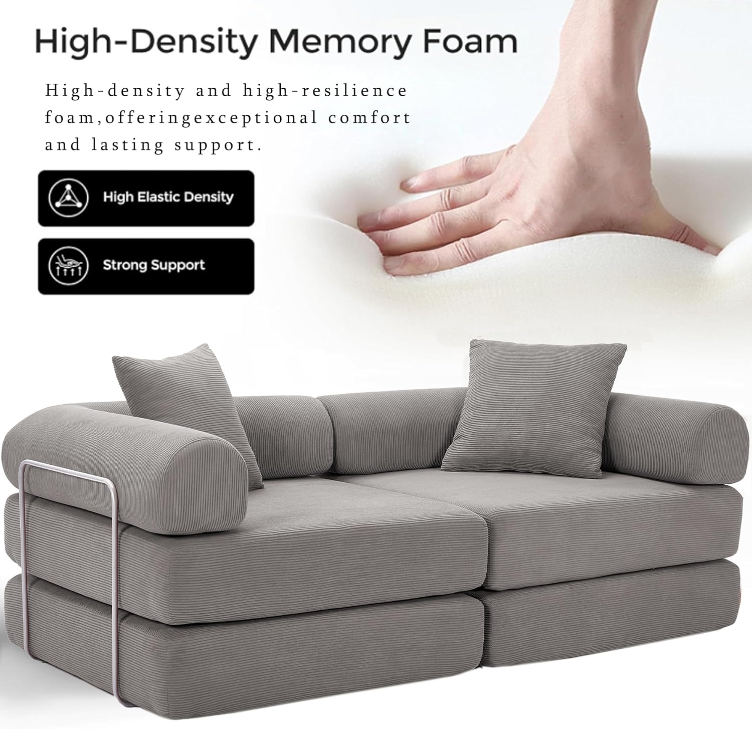 73" Convertible Sleeper Sofa Bed with Fixed-Shape Frame, Corduroy Modular Folding Loveseat Couch with 2 Pillows, Modern Floor Sofa Couch for Living Room, No Assembly, Dark Gray