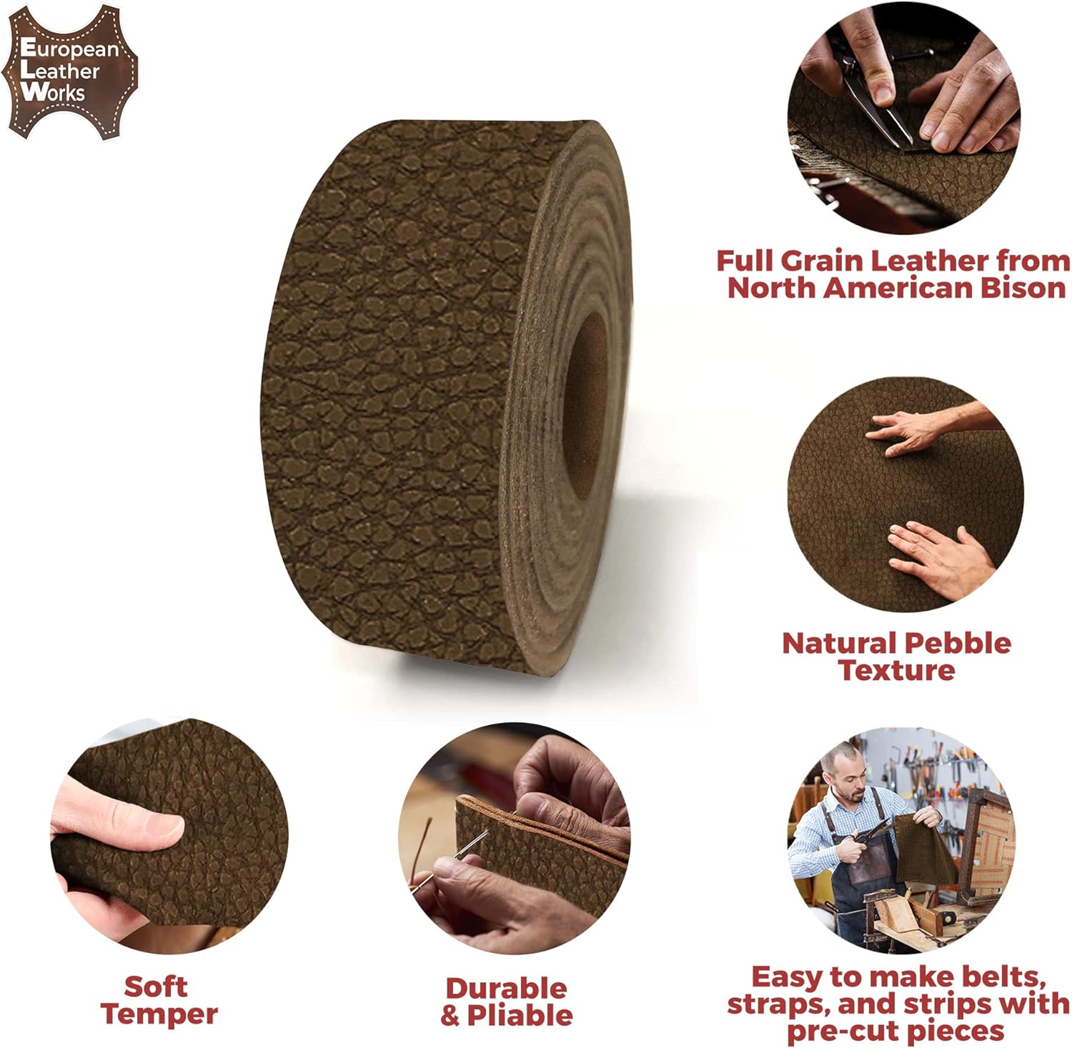 ELW Genuine American Leather Bison 8-9 oz (3.2-3.4mm) Thickness - Straps, Belts, Strips - Chocolate Brown, 2-3/4"x60" - Full Grain Hide DIY Craft Projects, Bag, Chap, Moccasins, Jewelry, Wrapping
