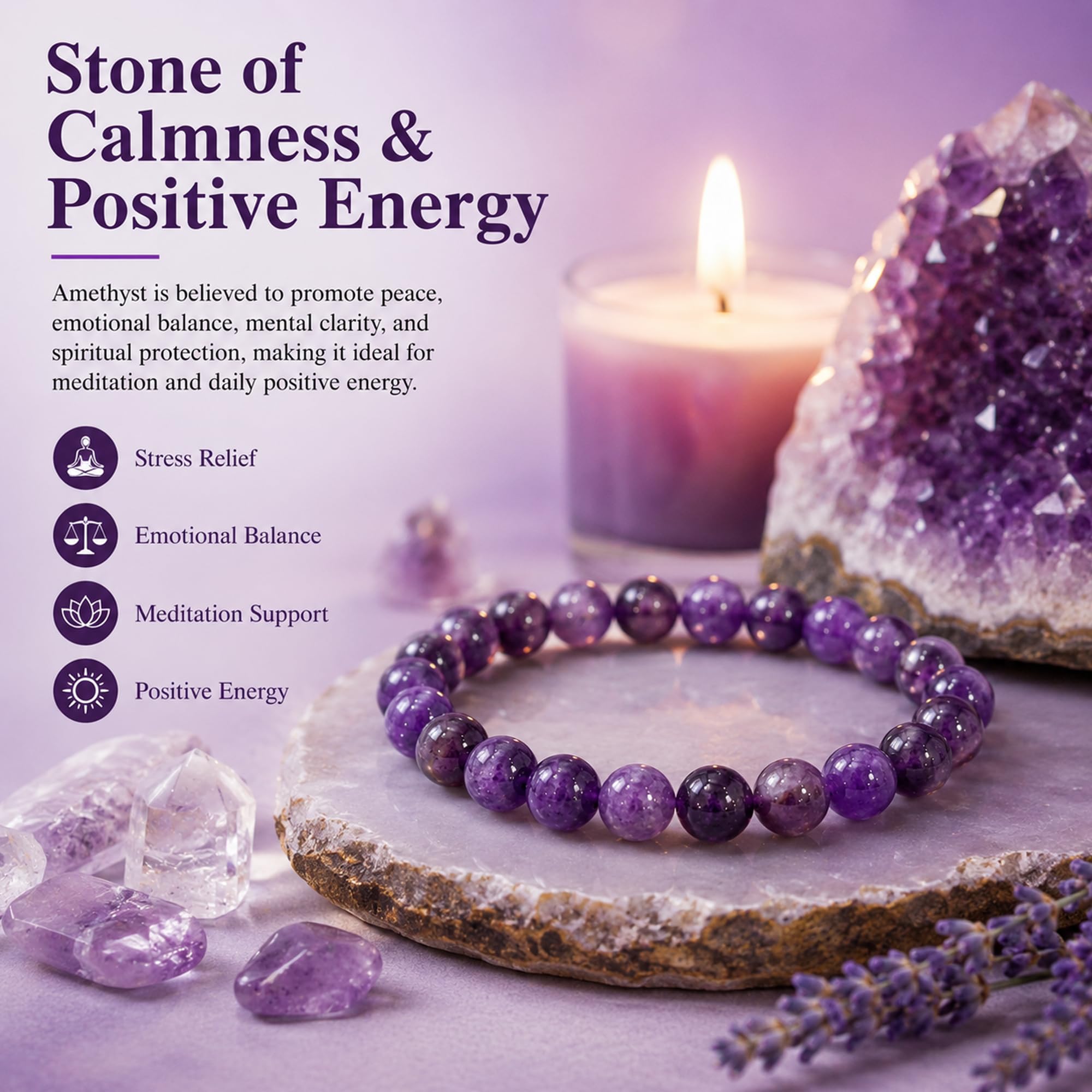 Serein Amethyst Bracelet Round 8mm Beaded Healing Crystal Stone Adjustable Authenticate Bracelets for Calmness, Stress Relief, Emotional Balance, Spiritual Awareness, Intuition, Focus for Men & Women 1