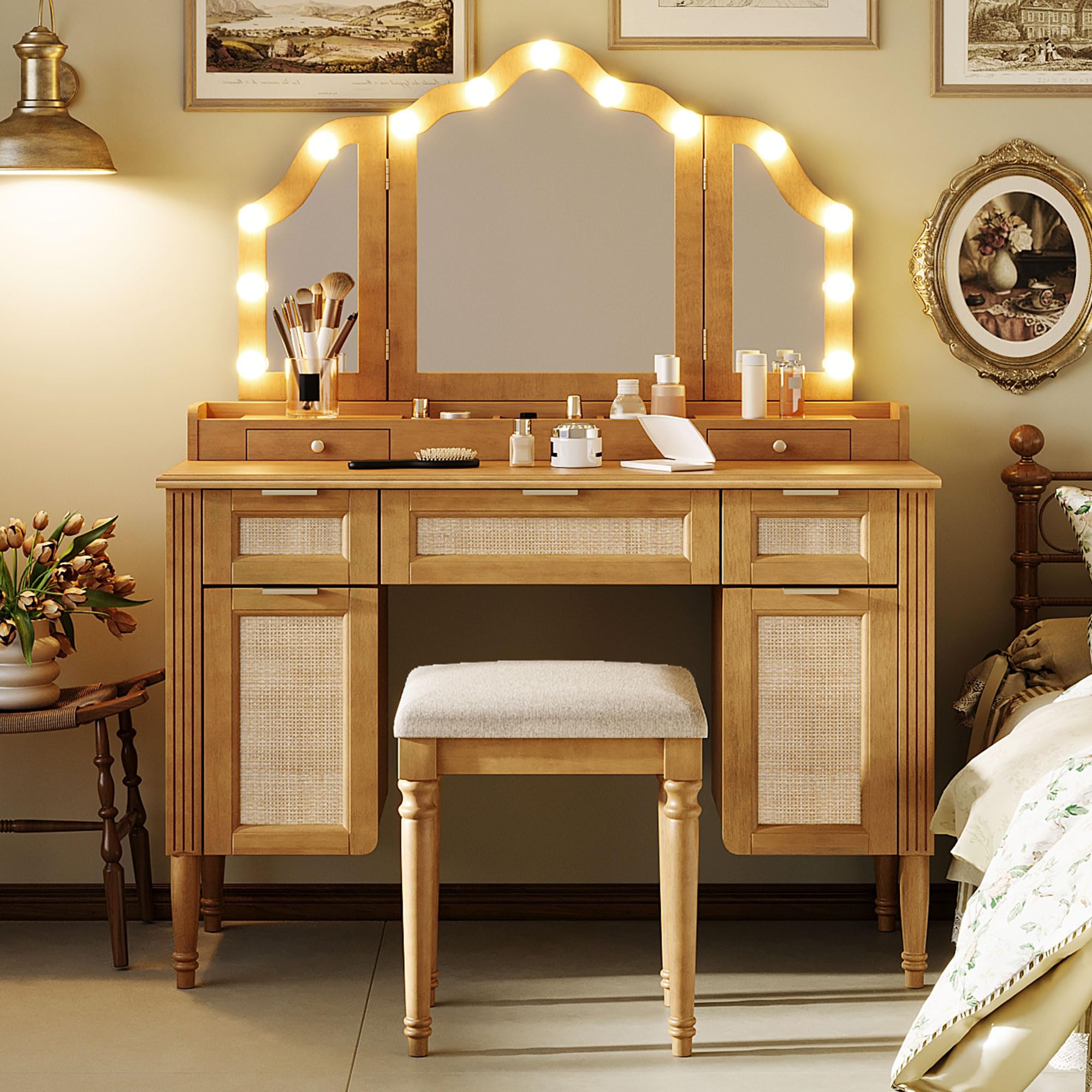 JIVOIT 44.37" Makeup Vanity Desk with Tri-Fold Mirror, Large Vanity Table with 5 Drawers and Shelves and 2 Cabinets, Dressing Table, Easy Assembly
