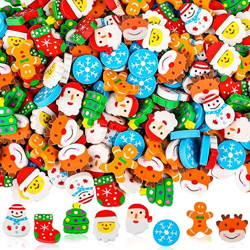192 gomas de borrar de Navidad para niños, borradores grandes de Navidad, copos de nieve, árbol de Navidad, a granel, para niños, relleno de