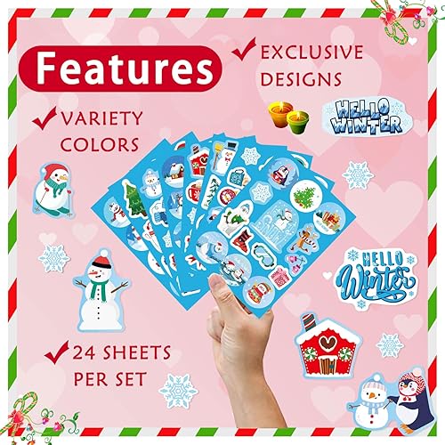 Miniatura 3 de 330 calcomanías de invierno para niños, calcomanías de vacaciones de invierno con Papá Noel, muñeco de nieve, árbol de Navidad, pingüino, copo de