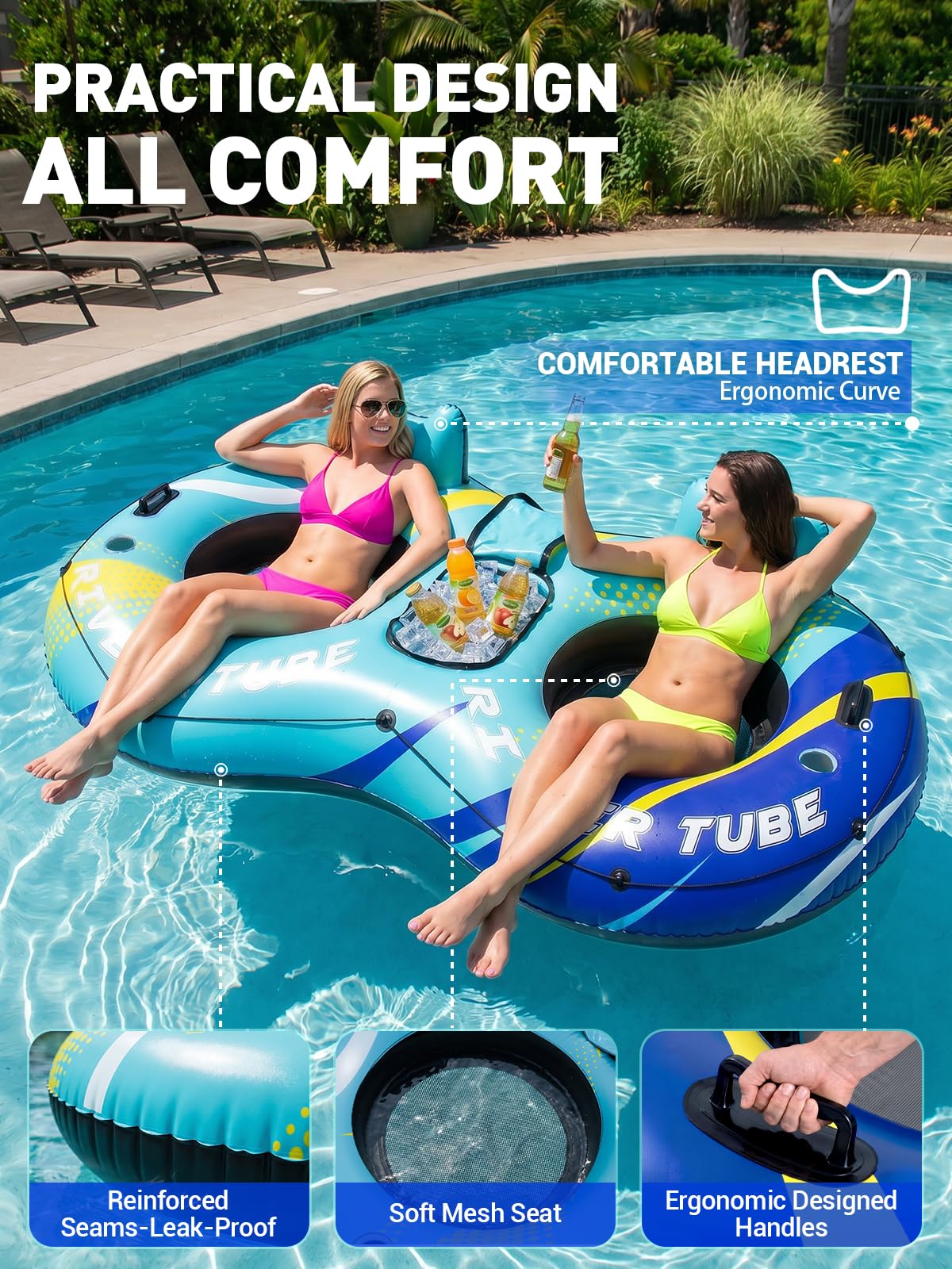 Aufblasbarer Flussreifen, robuster Schwimmreifen mit Kühlbox und Getränkehaltern für Fluss, Pool, See und Strand, ergonomische Rückenlehne, strapazierfähige Grif