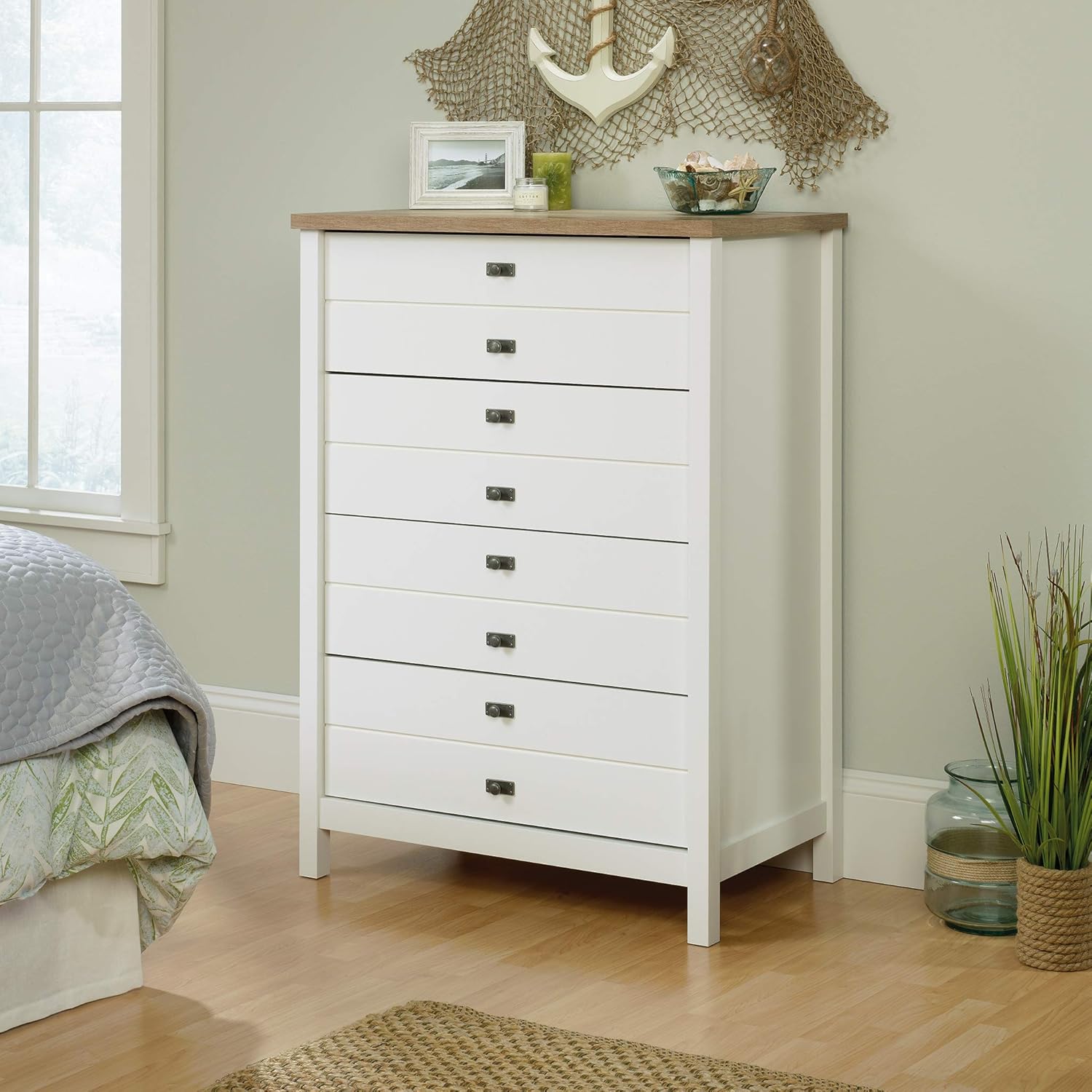 Sauder Cottage Road Dresser (56.77" x 19.29" x 35.35") and 4-Drawer Chest, Soft White Finish