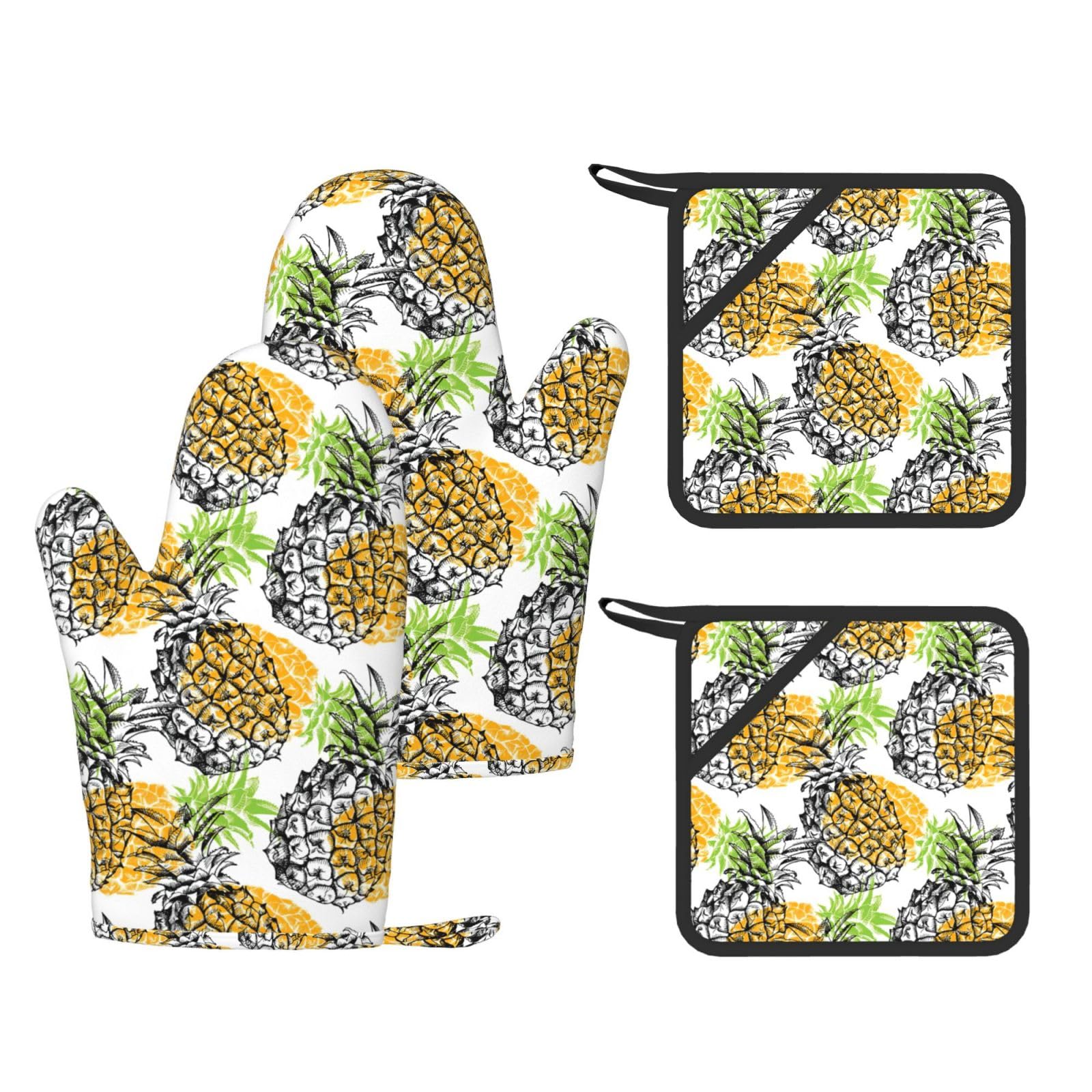 Eeprty Black Yellow Pineapple Printed Kitchen Oven Gloves And Potholder 4 Pcs, Non-Slip Heat Resistant Mitts For Baking Chef