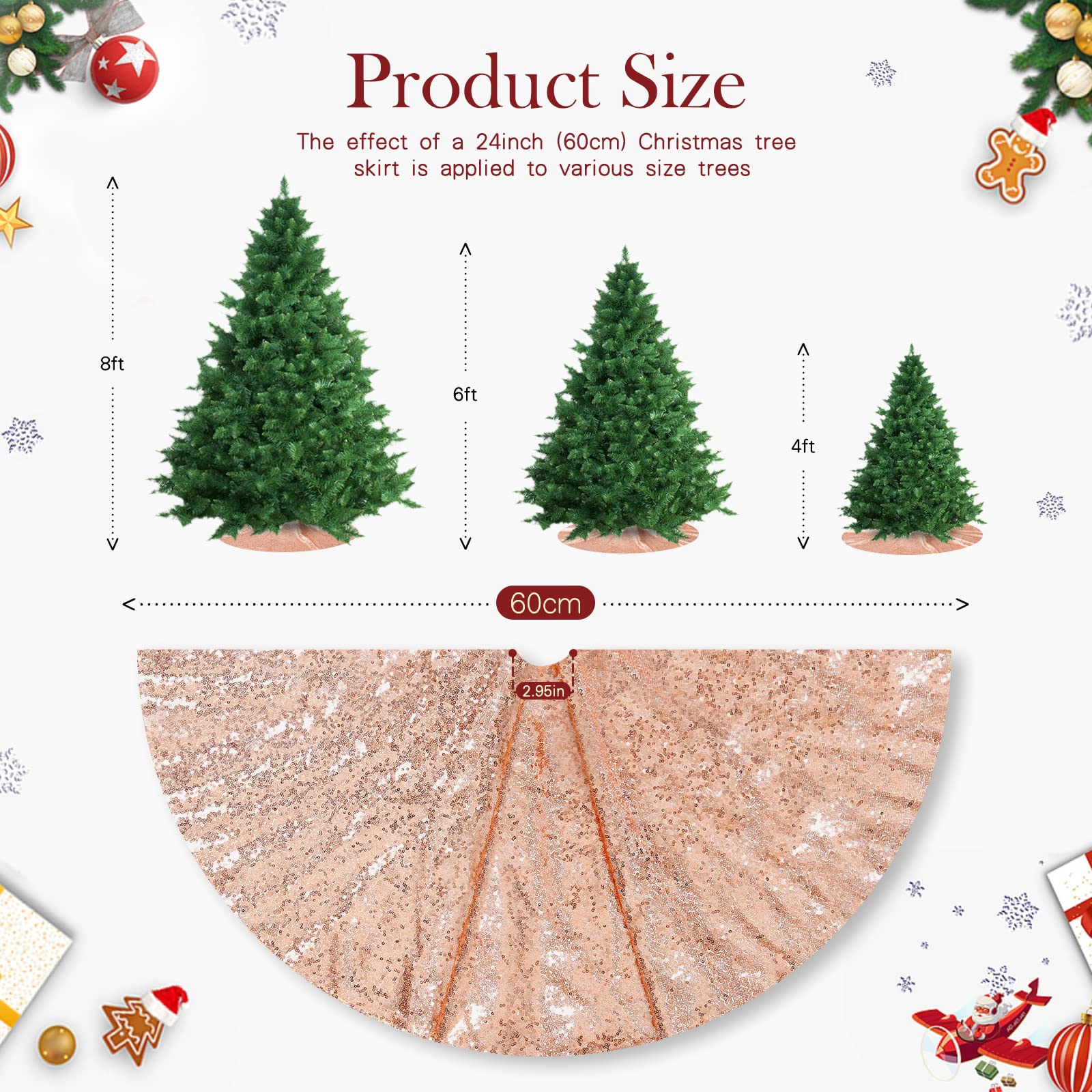 Gonna per albero di Natale di lusso, color oro rosa, 91,4 cm, mini decorazioni rotonde per gonna per albero di Natale, decorazione per Capodanno, vacanze, festival