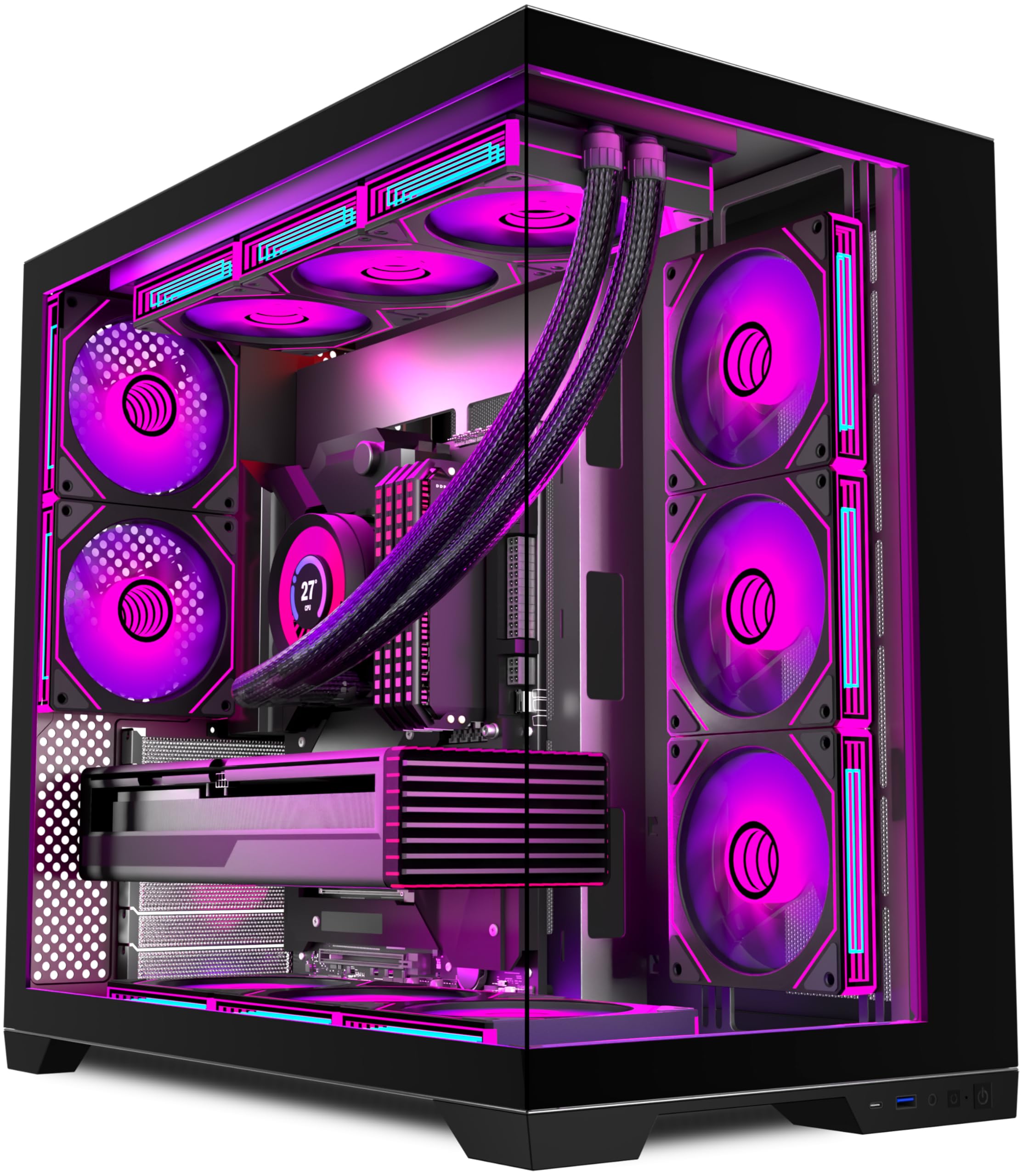 KEDIERS Case per PC preinstallata, ventola nera da 9 × 120 mm, ATX Mid Tower, case per computer con visione panoramica, pannello frontale in vetro temperato